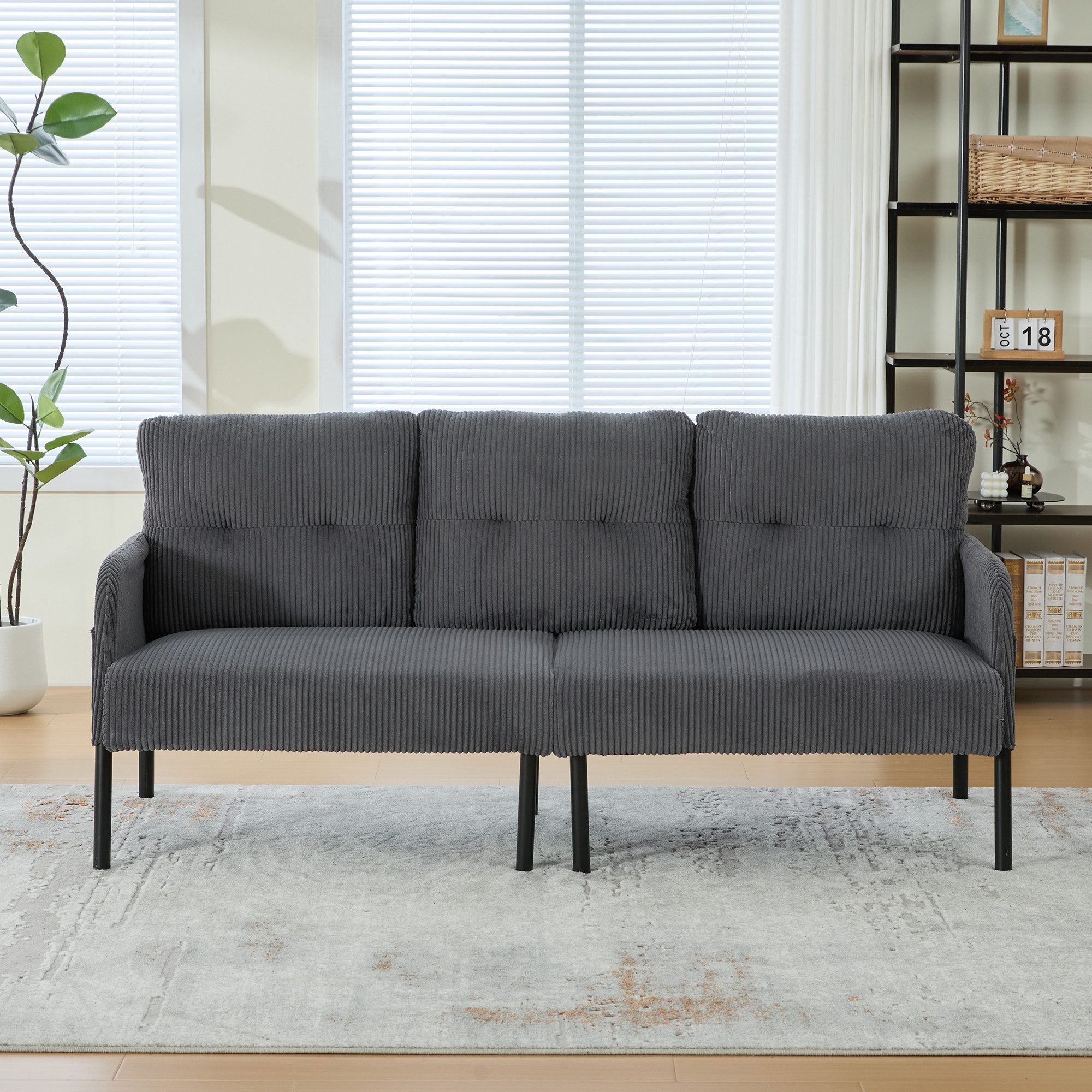 STILVORA Loungesofa Dreisitzer Cordsofa mit hoher Rückenlehne und Seitentaschen Grau, Relaxsofa mit Stabile Metallfüße und robuste Konstruktion, Tiefe und breite Sitzfläche