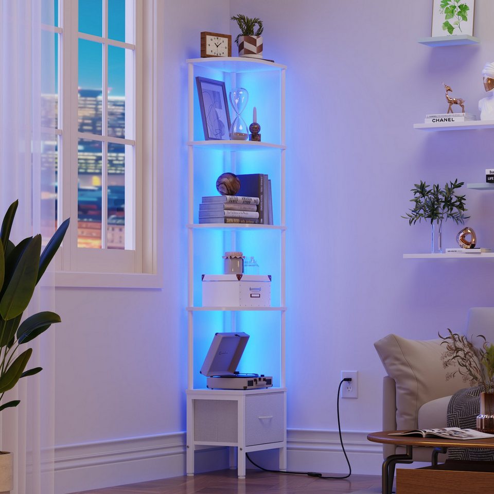 OYRREU Bücherregal Wohnzimmer, Homeoffice Eckenregal, LED-Beleuchtung, Helligkeit & Farbe einstellbar, Regal, 1-Stk., Wohnzimmerregal, Stauraumregal, App-gesteuert, 5 Ebenen, schmal, Aufbewahrungsregal