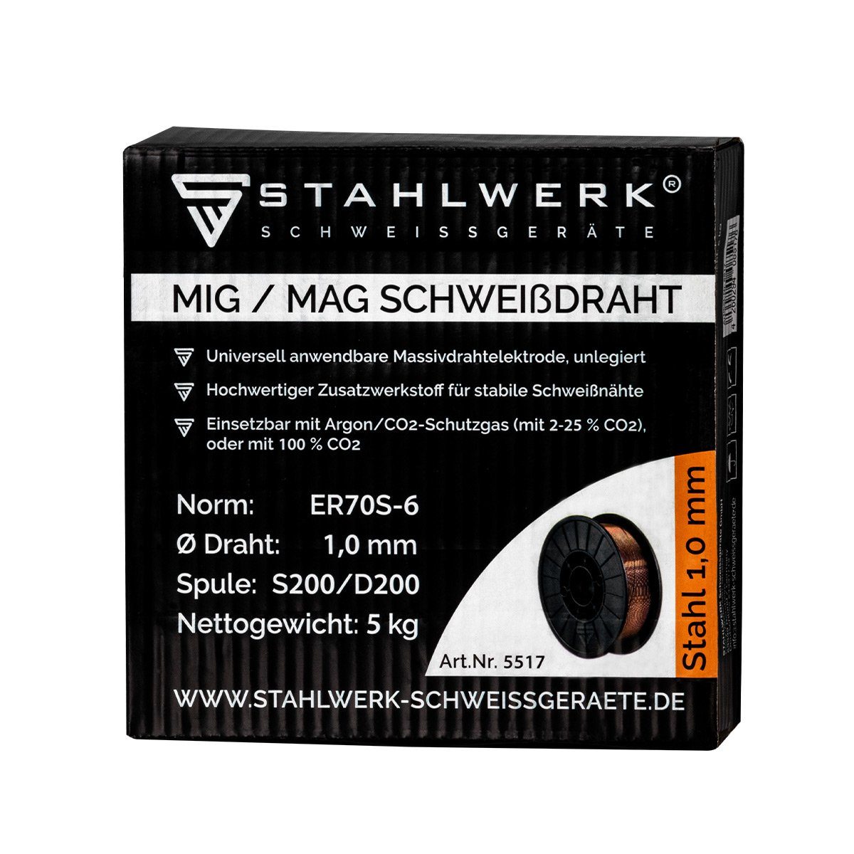 1,0 alle MIG/MAG Stahl, SG2 50 mit unlegierte D200 MAG Schweißarbeiten Schutzgas Schweißdraht für STAHLWERK lagengespult für Zusatzwerkstoff Massivdrahtelektrode 5kg, mit MIG Schweißdraht Drahtrolle ER70S-6 Schweißgeräte mm auf mm Spulendorn-Aufnahme, verkupferte