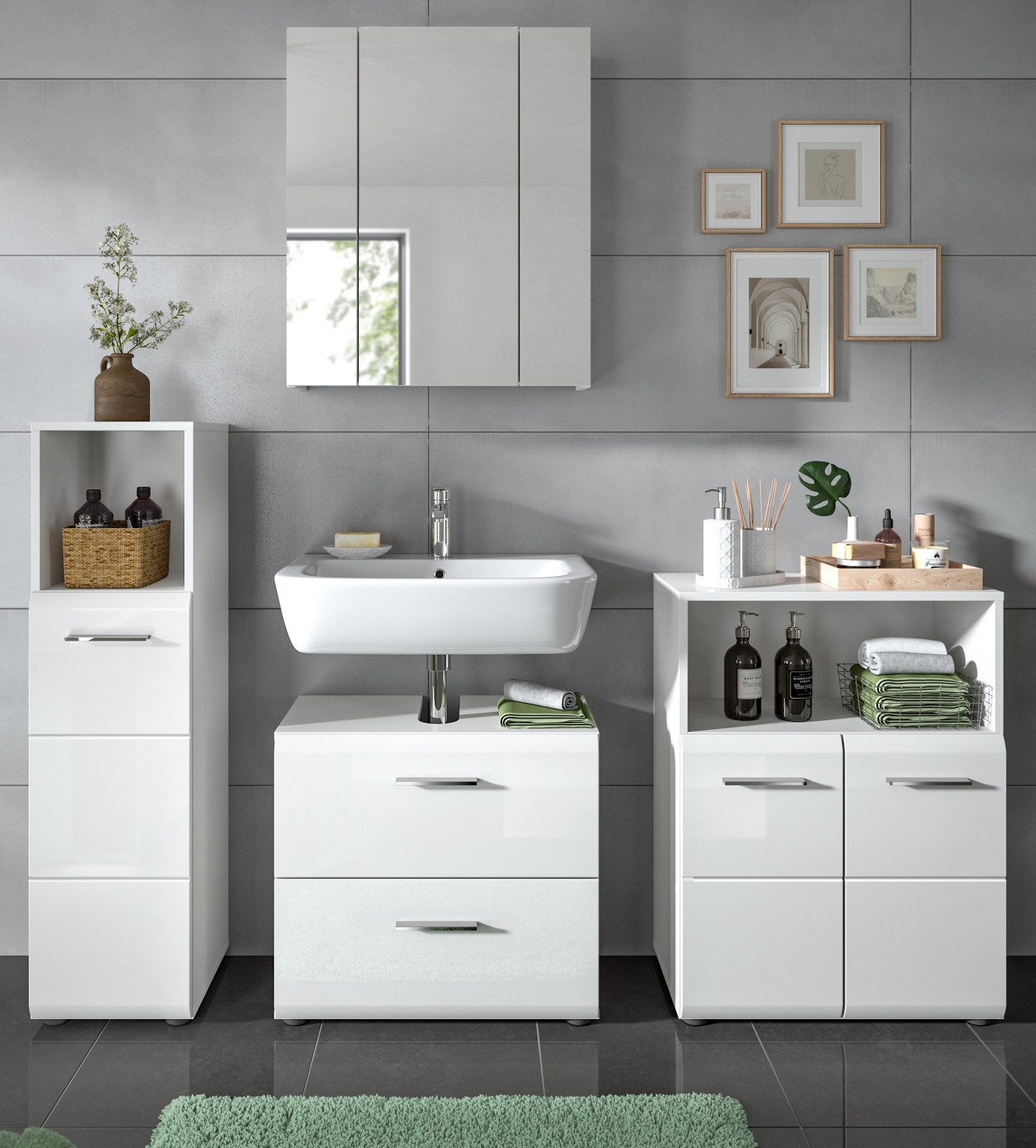 Inn.Furn Badmöbel-Set Cover, (4-teiliges Badezimmer-Set in weiß Hochglanz, ca. 180 x 185 cm), 15 Fächer, 2 Vollauszug Schubkästen