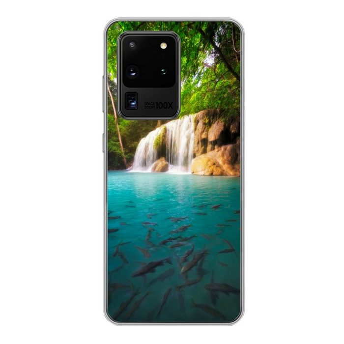 MuchoWow Handyhülle Angeln im Wasser im Erawan-Nationalpark mit Blick auf einen Wasserfall Phone Case Handyhülle Samsung Galaxy S20 Ultra Silikon Schutzhülle