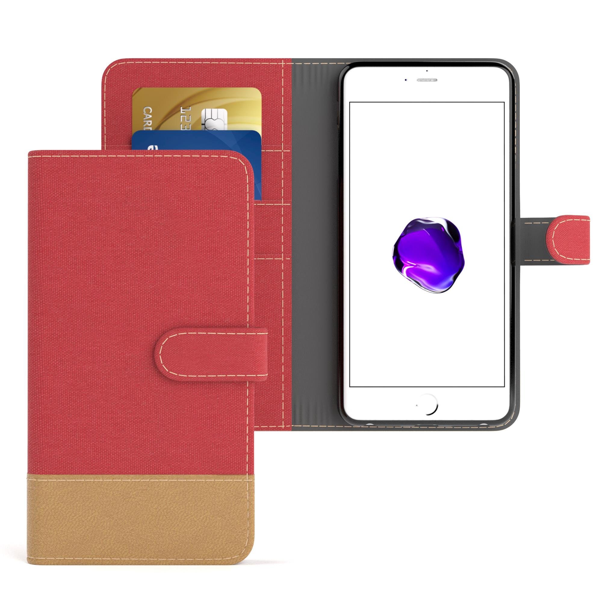EAZY CASE Handyhülle Bookstyle Jeans für iPhone 7 Plus / iPhone 8 Plus 5,5 Zoll, Denim Etui Handytasche Kunstleder mit Standfunktion und wallet Rot