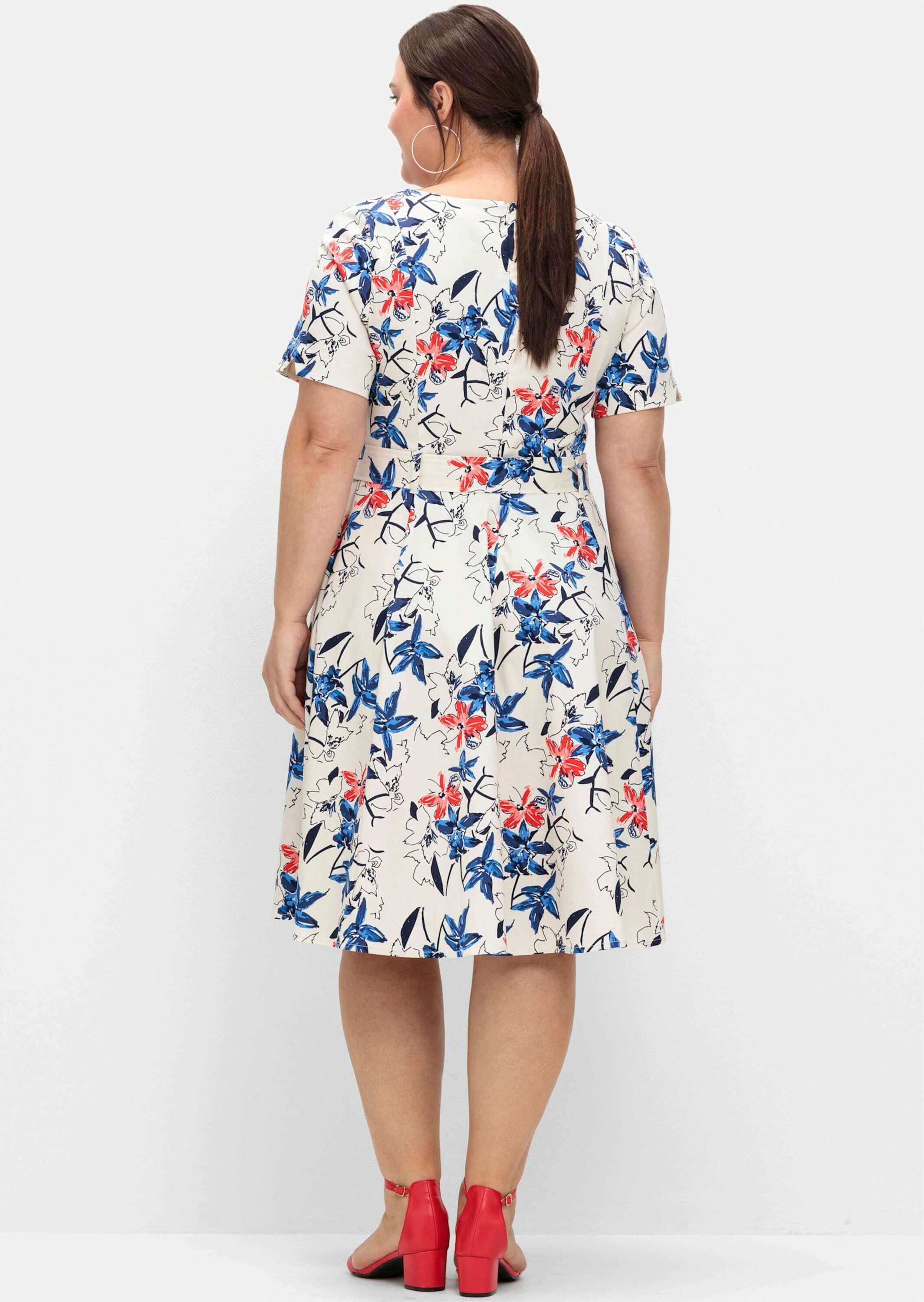 Sheego Etuikleid Abendkleid Kurzarm mit Blumenprint und Stoffgürtel günstig online kaufen