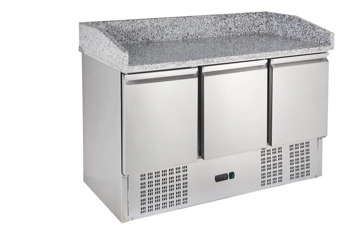 GastroHero Dönergrill Pizzatisch mit Granit Arbeitsplatte und 3 Türen - Edelstahl - Gastro, 330 W