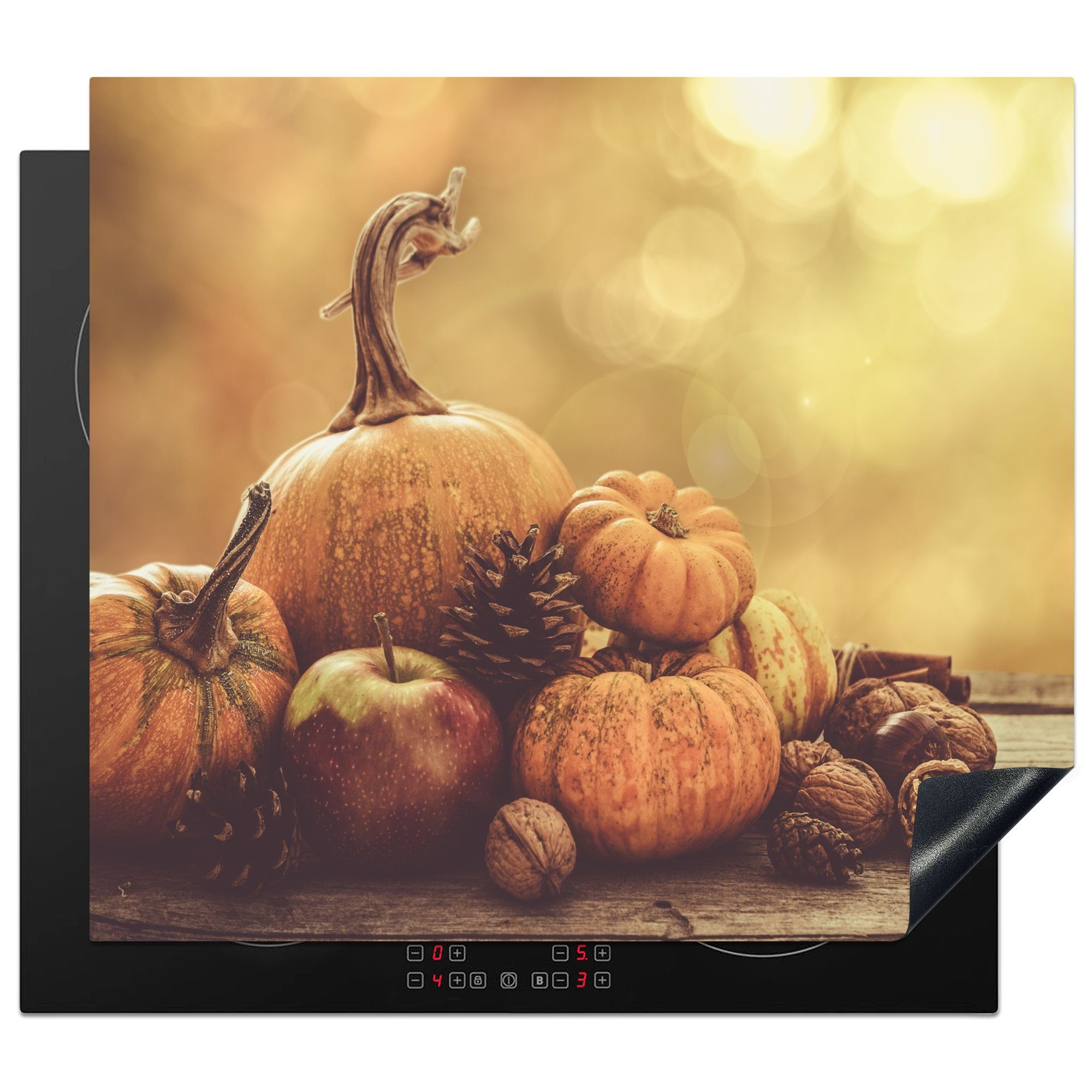 MuchoWow Herdblende-/Abdeckplatte Kürbis - Herbst - Tannenzapfen - Obst - Apfel, Vinyl, (1 tlg), 57x51 cm, Induktionsschutz, Induktionskochfeld, Ceranfeldabdeckung