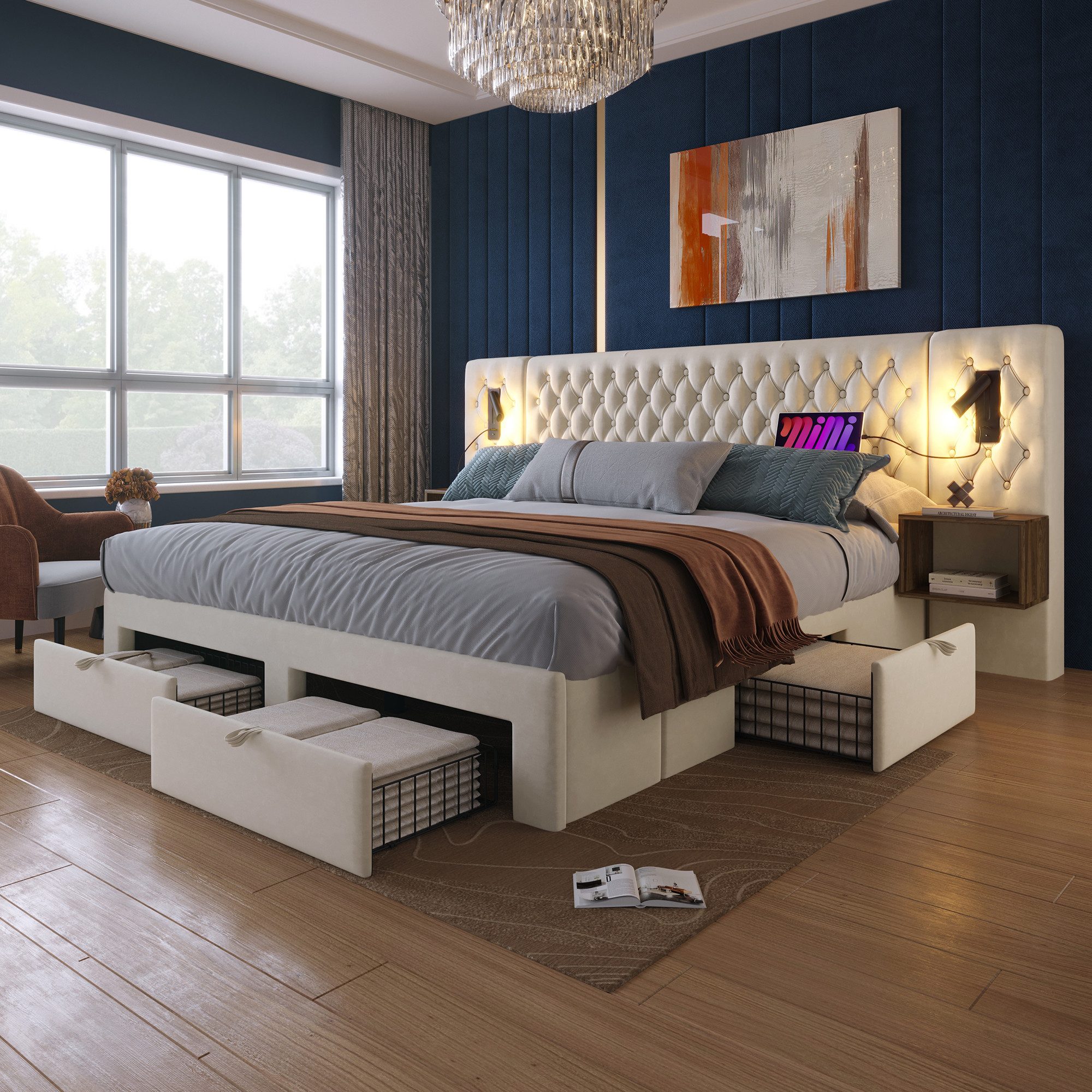 MODFU Polsterbett Vintage Doppelbett (Funktionsbett, 1-tlg., 160×200 cm, Ohne Matratze), mit 2 Nachttischen, 4 Schubladen, USB- & Type-C-Ladeanschluss