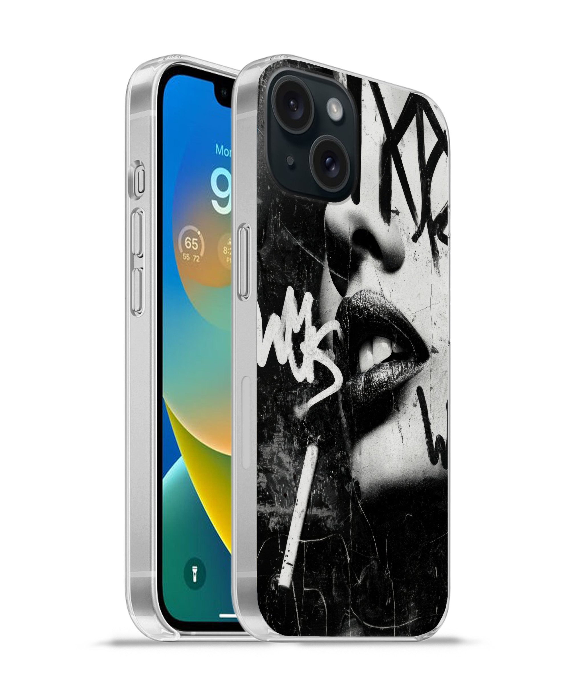 MuchoWow Handyhülle für Apple iPhone 15 Gesicht - Mund - Graffiti - Schwarz, Smartphone-Bumper, Print, Handy Schutzhülle Dünn