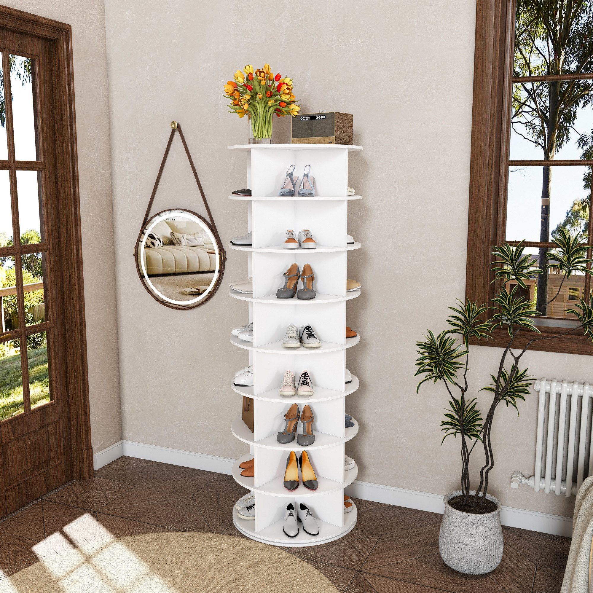 HAUSS SPOLE Schuhregal 360°-drehbar,Schuhorganizer für 32 Paar Schuhe mit 8-Ebenen,Weiß, Drehbarer Schuhschrankturm mit mehr Stauraum, aus stabilem PVC-Kunststoff