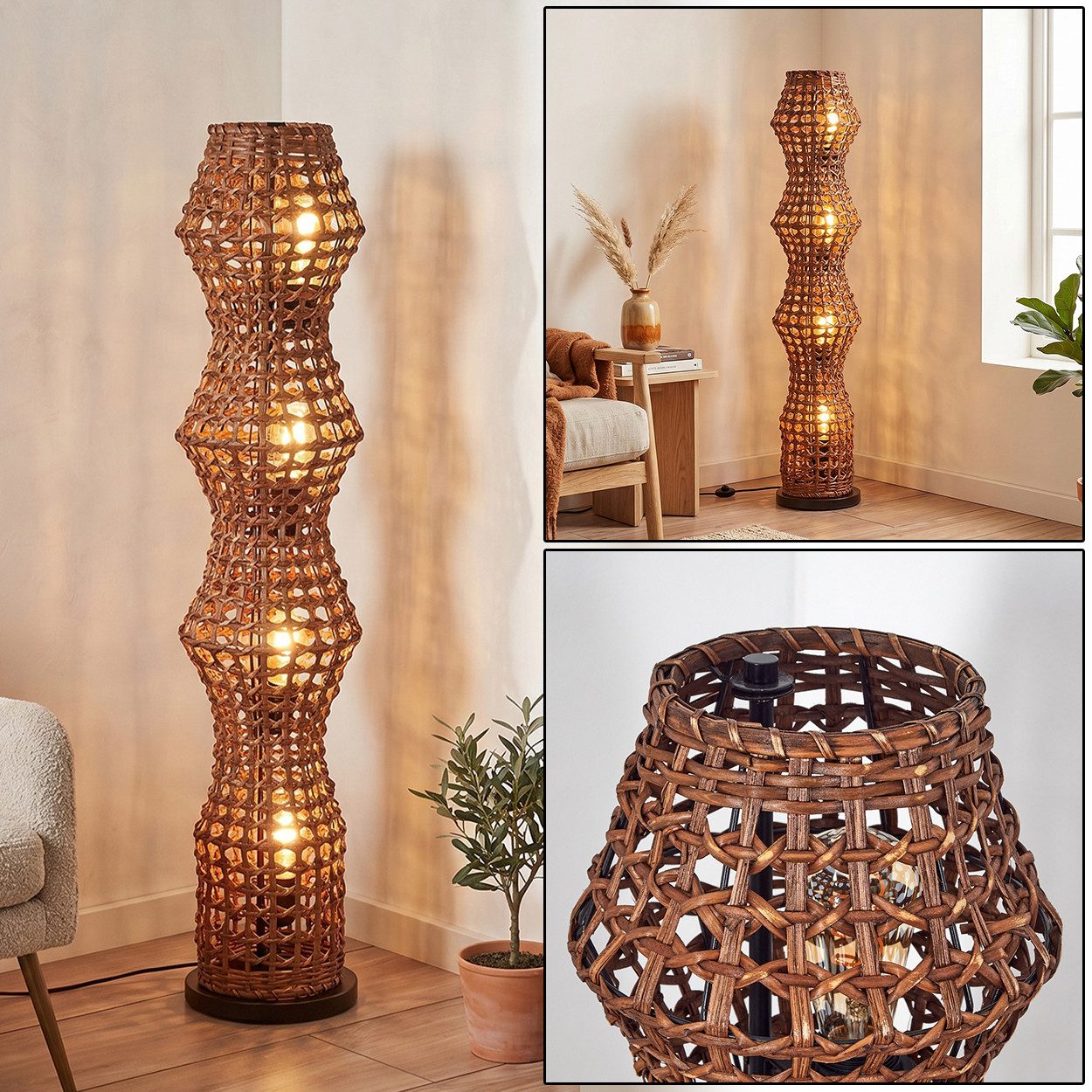 hofstein Stehlampe Stehlampe im skandinavischen Design mit Schirm aus Rattan in Braun, ohne Leuchtmittel, Stehleuchte im Boho-Style mit Lichteffekt und Fußschalter, E27, 110 cm