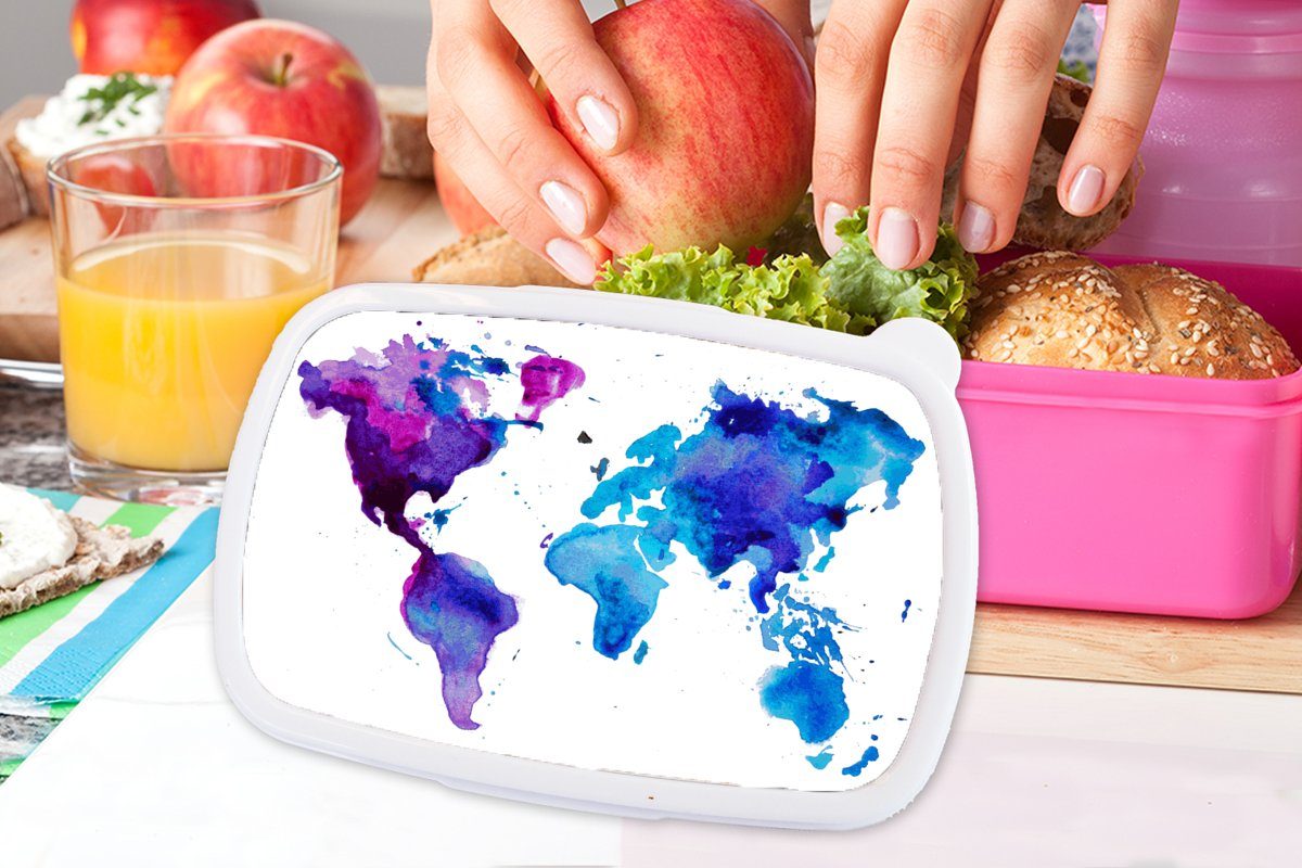 MuchoWow Lunchbox Weltkarte - Erwachsene, Brotdose - Mädchen, Kinder Mädchen, Brotbox - Snackbox, Kunststoff, Kinder, Jungen (2-tlg), Kunststoff rosa - - Aquarell Lila für