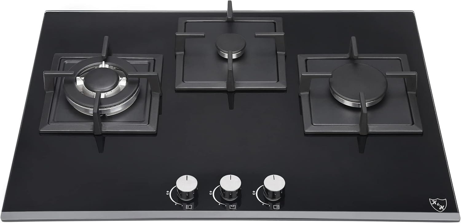 K&H Gas-Kochfeld K&H 3 Zonen Glas Gaskochfeld 70cm Wok Brenner Erdgas Autark Eigebaut 3Z-KHGW-3, Erdgas, Flüssiggas, Sicherheitsglas, Autark