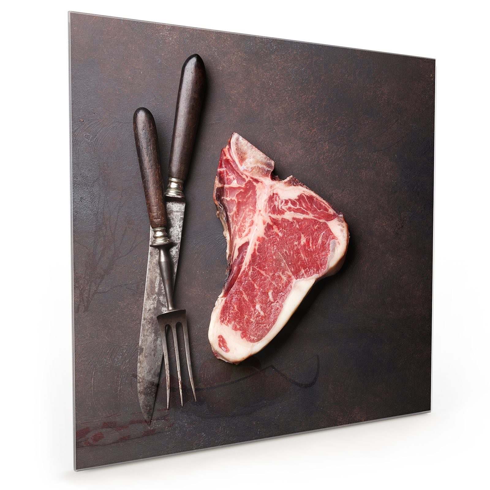 Primedeco Küchenrückwand Küchenrückwand Motiv T-Bone Rohes Glas mit Spritzschutz Steak