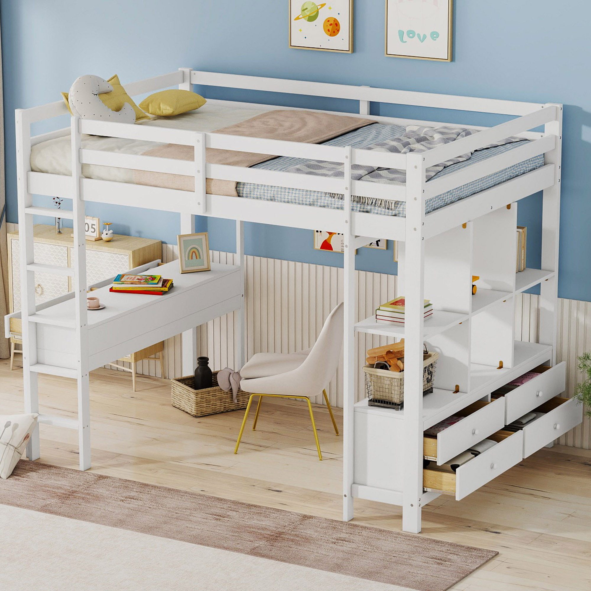 Flieks Hochbett Kiefer Kinderbett mit Schreibtisch günstig online kaufen