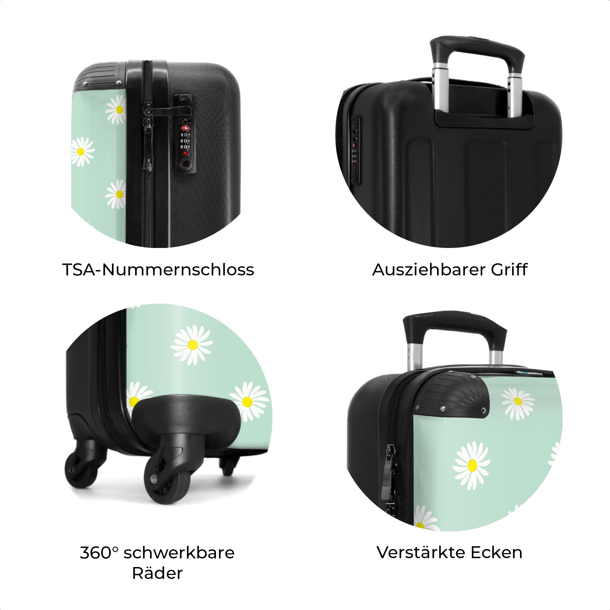 NoBoringSuitcases.com© Hartschalen-Trolley Pastellgrün mit Gänseblümchen 55x35x20cm, 4 Rollen, Handgepäck Koffer & Trolleys, Luggage, Reisekoffer Frauen