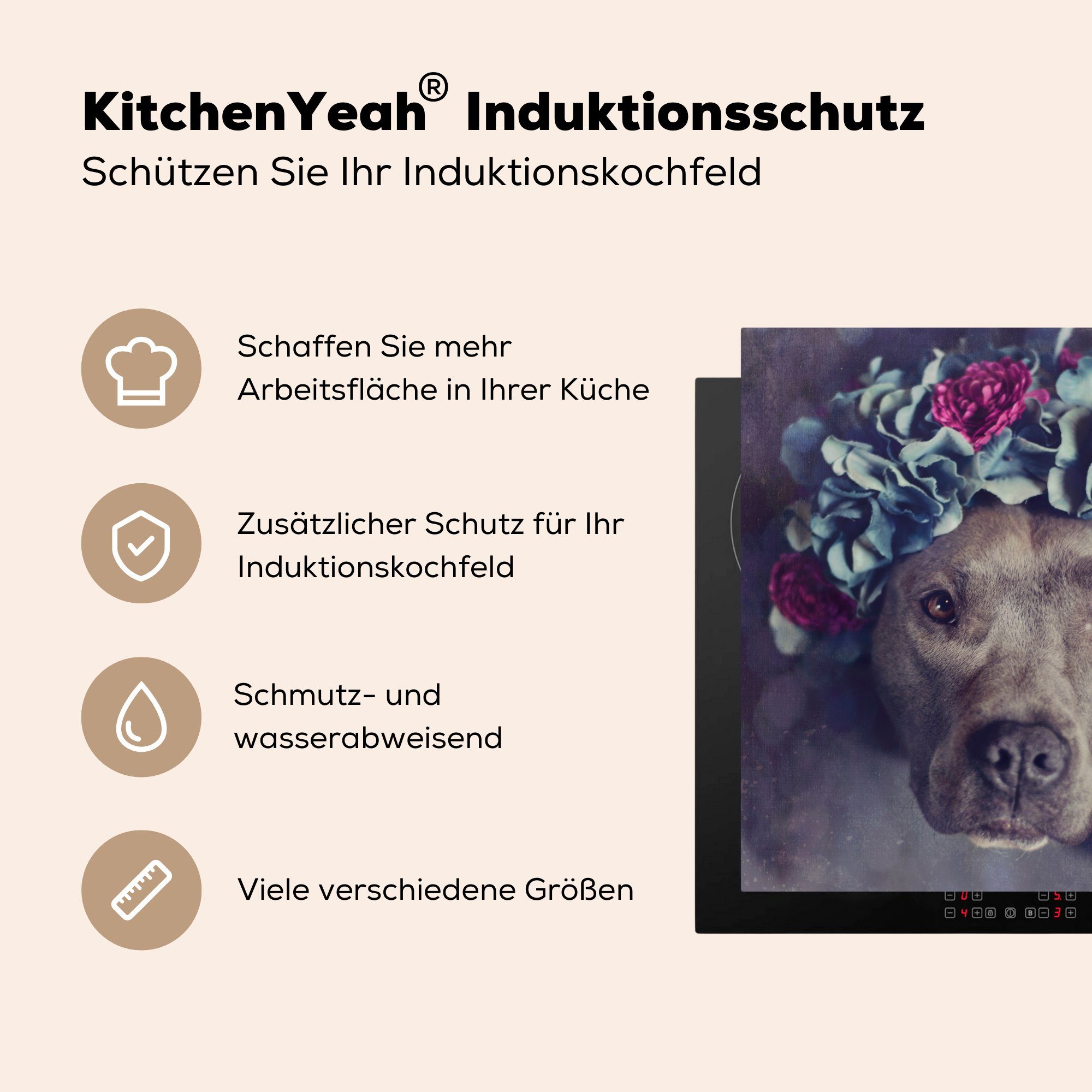 MuchoWow Herdblende-/Abdeckplatte Ein American Terrier (1 einem küche tlg), Blumenkranz, für Arbeitsplatte cm, mit Staffordshire 78x78 Ceranfeldabdeckung, Vinyl