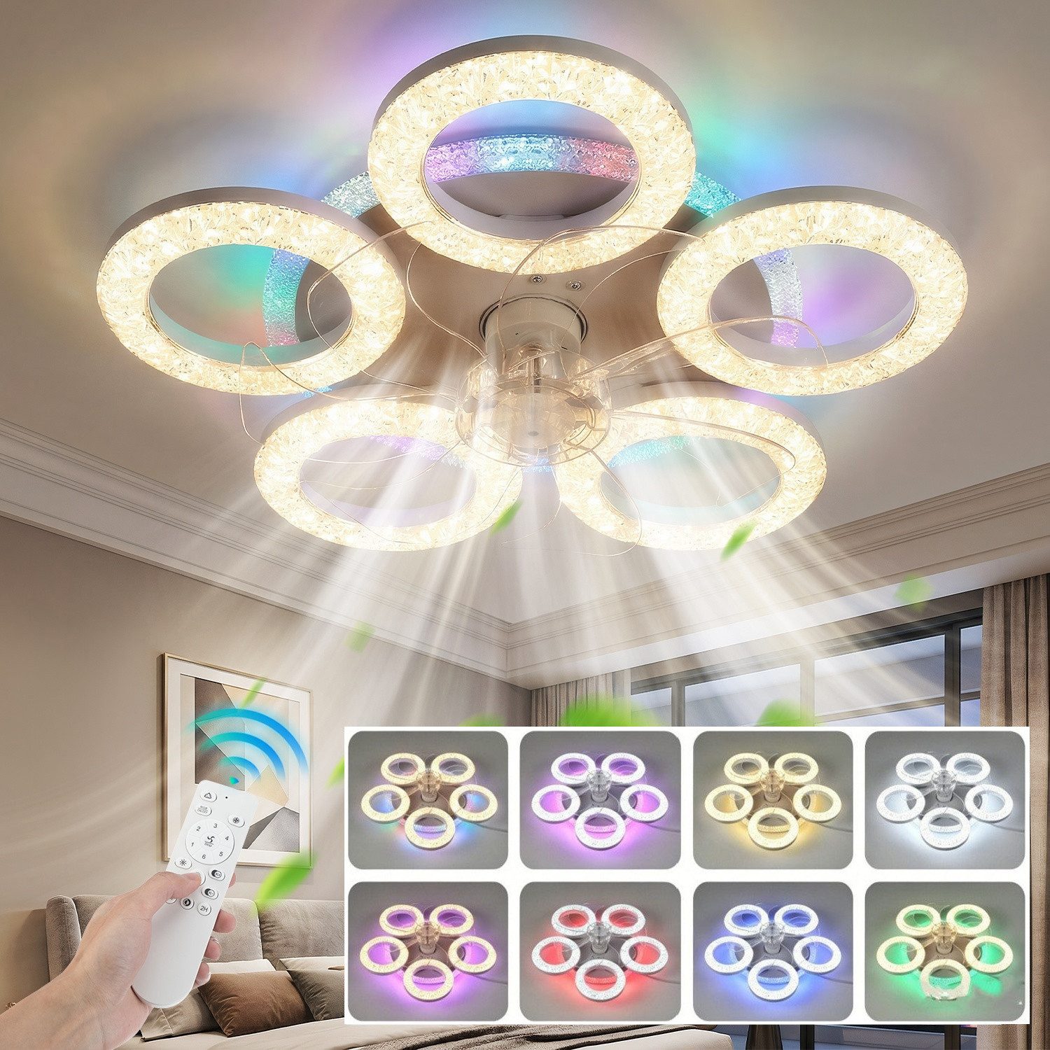 oyajia Deckenventilator Kristall Deckenleuchte mit RGB Hintergrundlicht,Leise Deckenventilator, 6 Geschwindigkeiten Ventilator, Deckenlampe mit RGB Farbwechsel Lampe