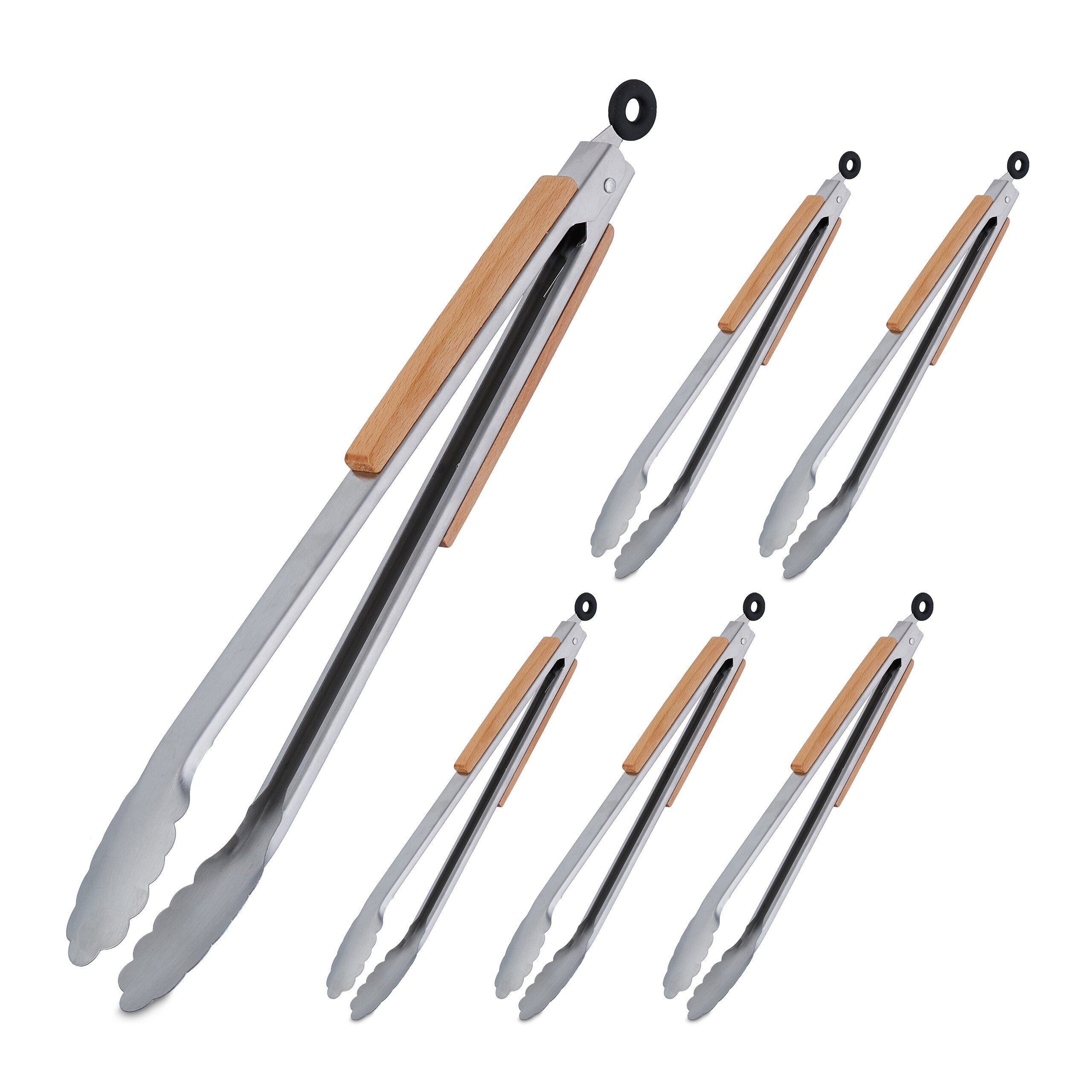 Grillzange 6 x Edelstahl Grillzange mit Holzgriff