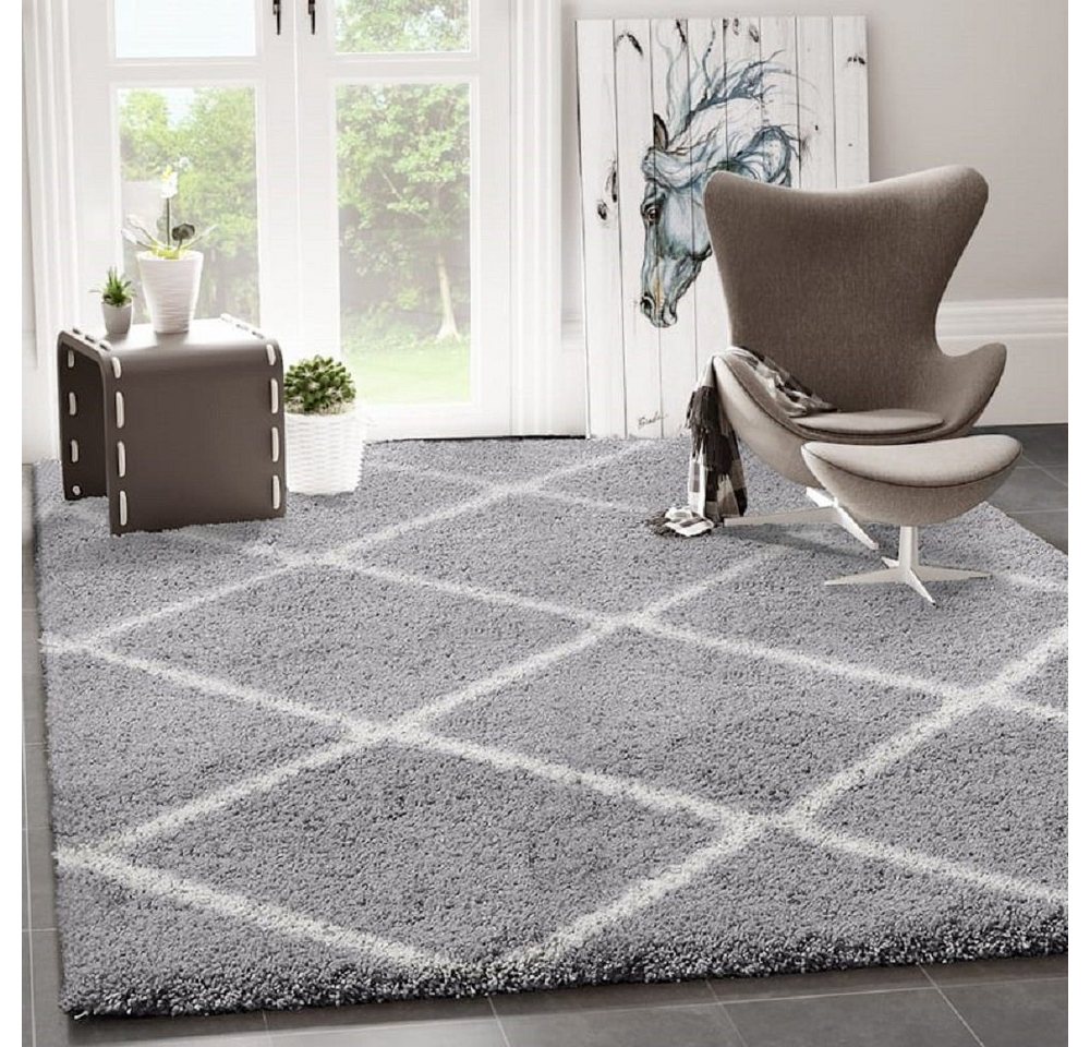 Vimoda Hochflor-Läufer Shaggy Wohnzimmer Rautenmuster Weiss, Rechteckig, Höhe: 30 mm, Langflor, Rauten muster, Skandi Design in Creme