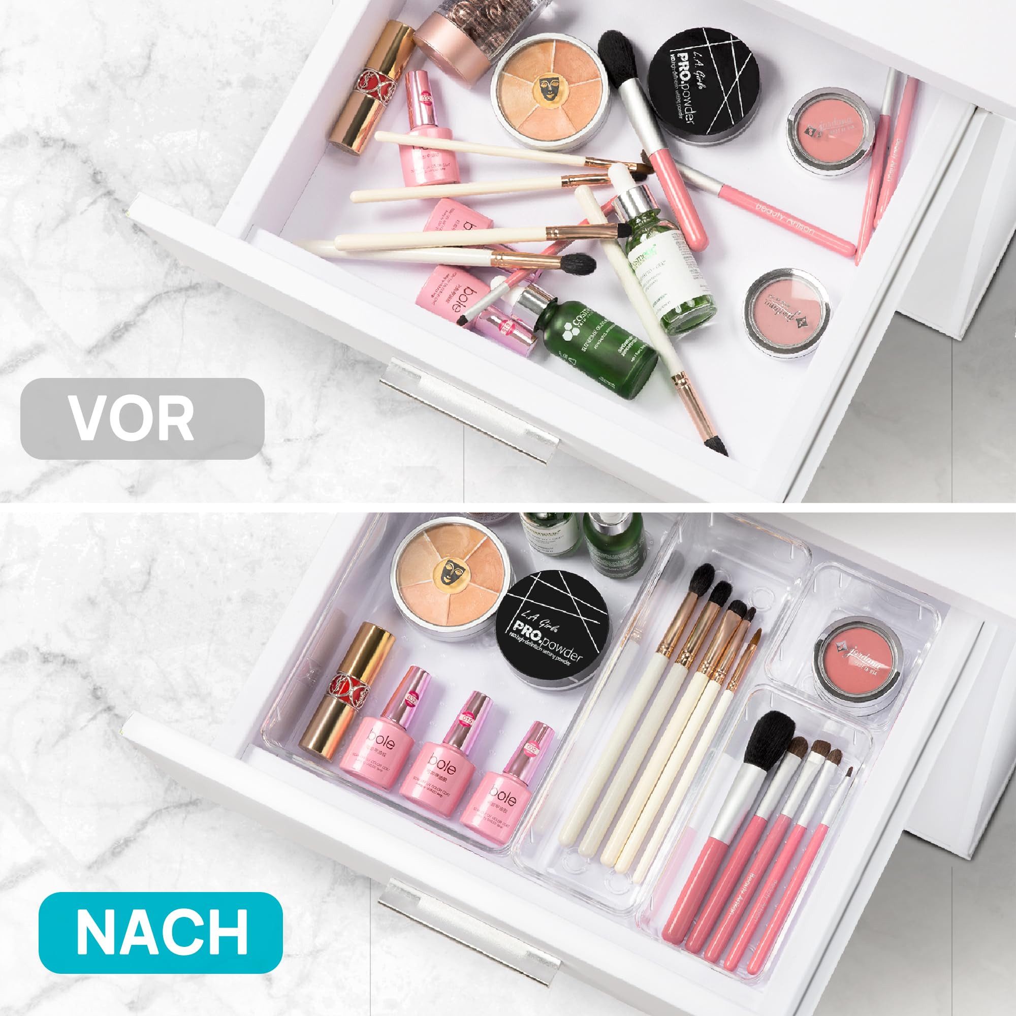 SURFOU Organizer Schubladen Organizer 25 St. Schminktisch Organizer Schreibtisch (schubladen organizer bad, schminktisch organizer für schublade 4 Größen, 25 St., Transparent, waschbar, ausgestattet), Stapelbar,Geeignet für Badezimmer, Schlafzimmer, Küche