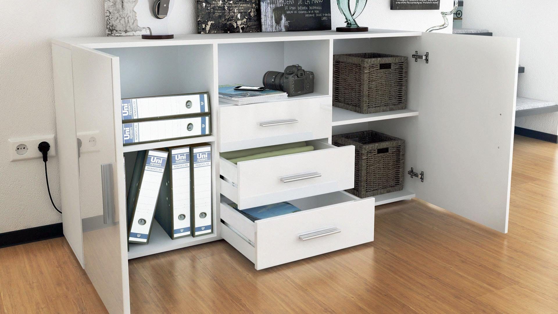 Vladon Sideboard Skadu (Kommode, mit 2 Türen, 3 Schubladen und 1 offenem Fach), Schwarz matt/Creme Hochglanz (138,5 x 71,5 x 35 cm)