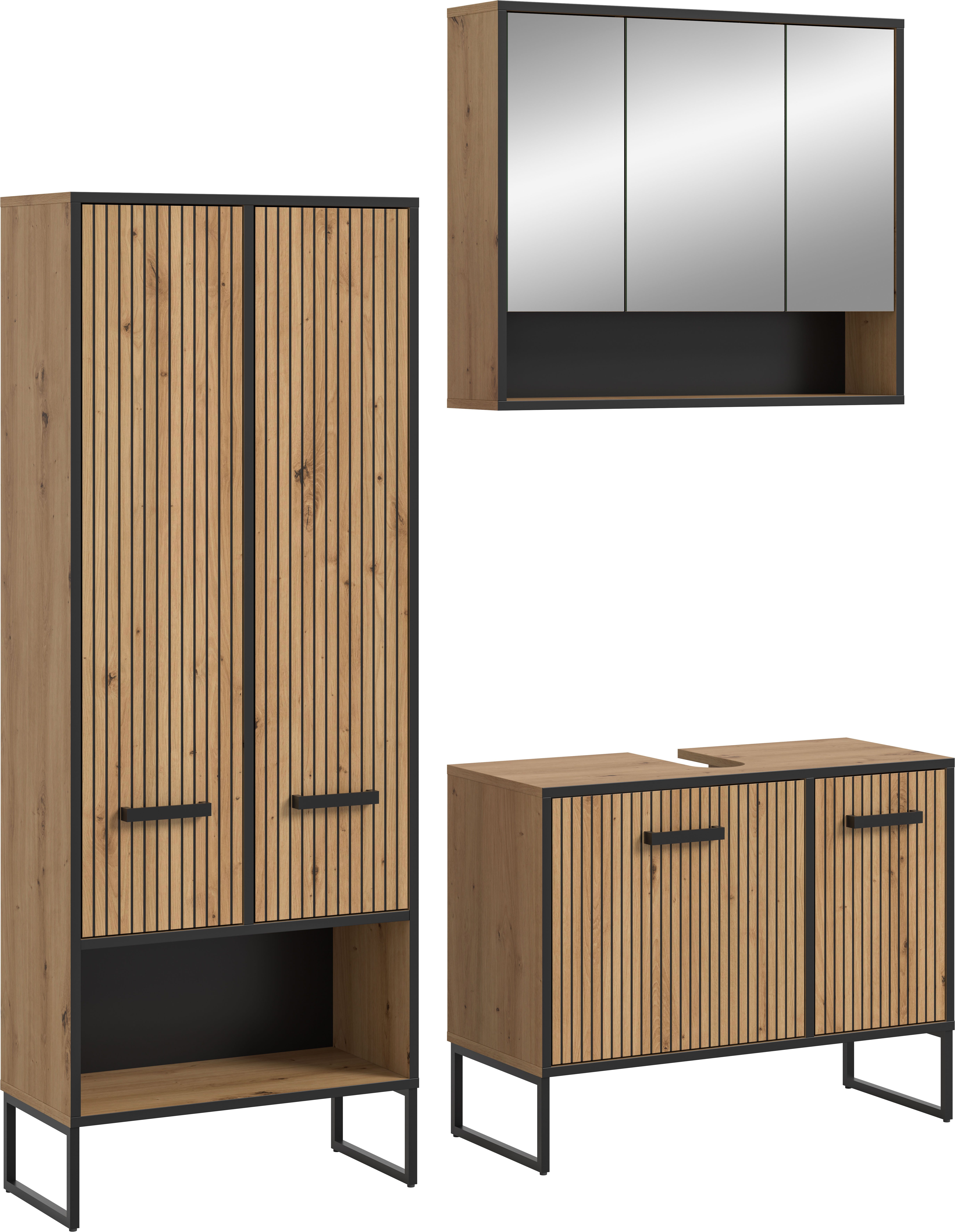 welltime Badezimmer-Set LOCRI, 3-tlg. Badkombination, Breite 154 cm, Rillenoptik, Metallkufen, (3-St., bestehend aus: Hochschrank, Waschbeckeunterschrank & Spiegelschrank), Bad-Kombination, Bad-Möbel, Badezimmer, Kombination, Kombi