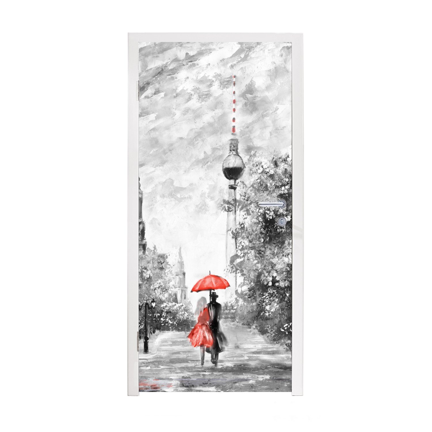 MuchoWow Türtapete Malerei - Architektur - Baum - Rot, Matt, bedruckt, (1 St), Fototapete für Tür, Türaufkleber, 75x205 cm