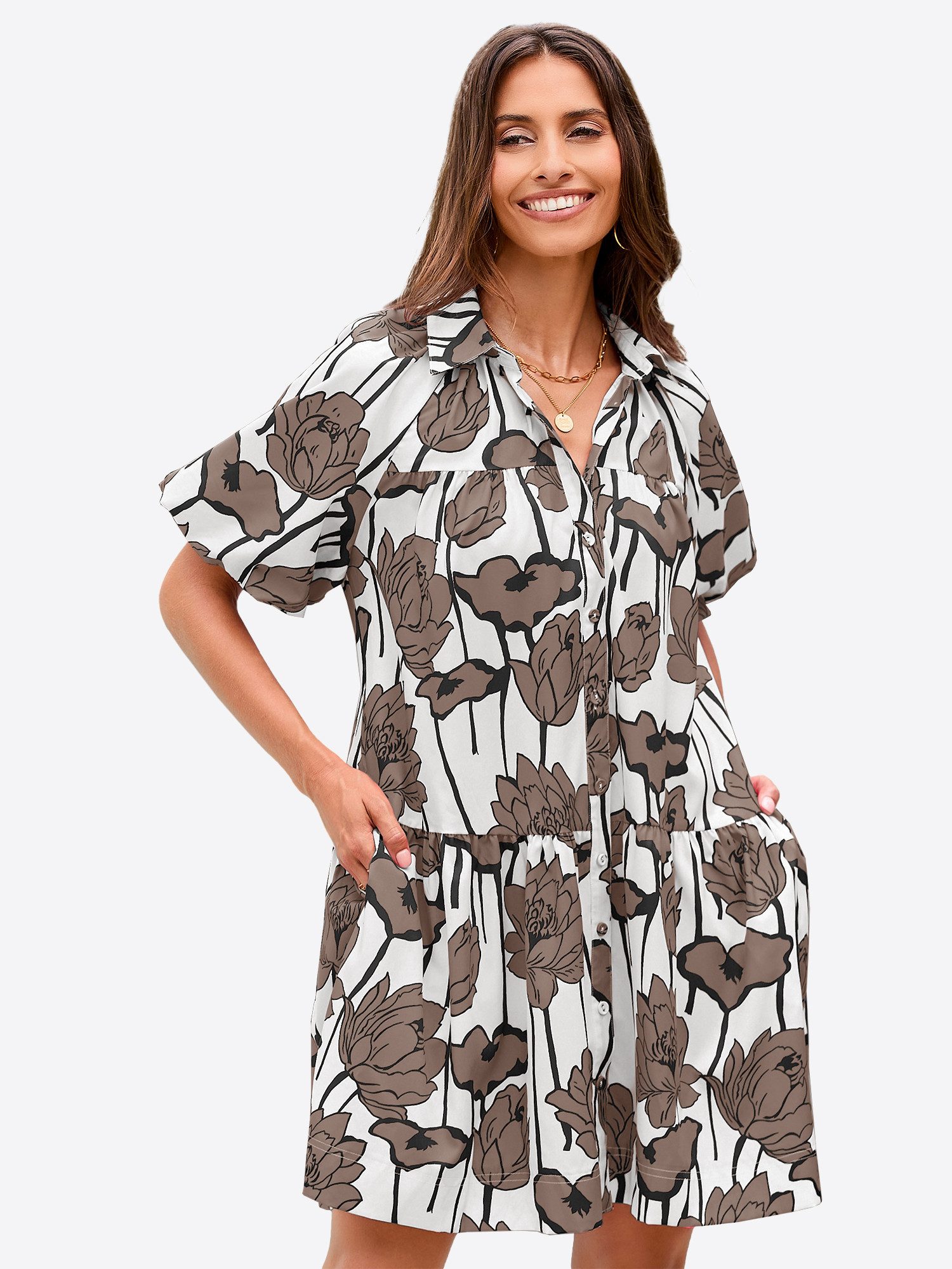 Imily Bela Minikleid Damen Hemdblusenkleid mit Knopfleiste (Packung, 1-tlg., 1per-Pack) mit Puffärmel
