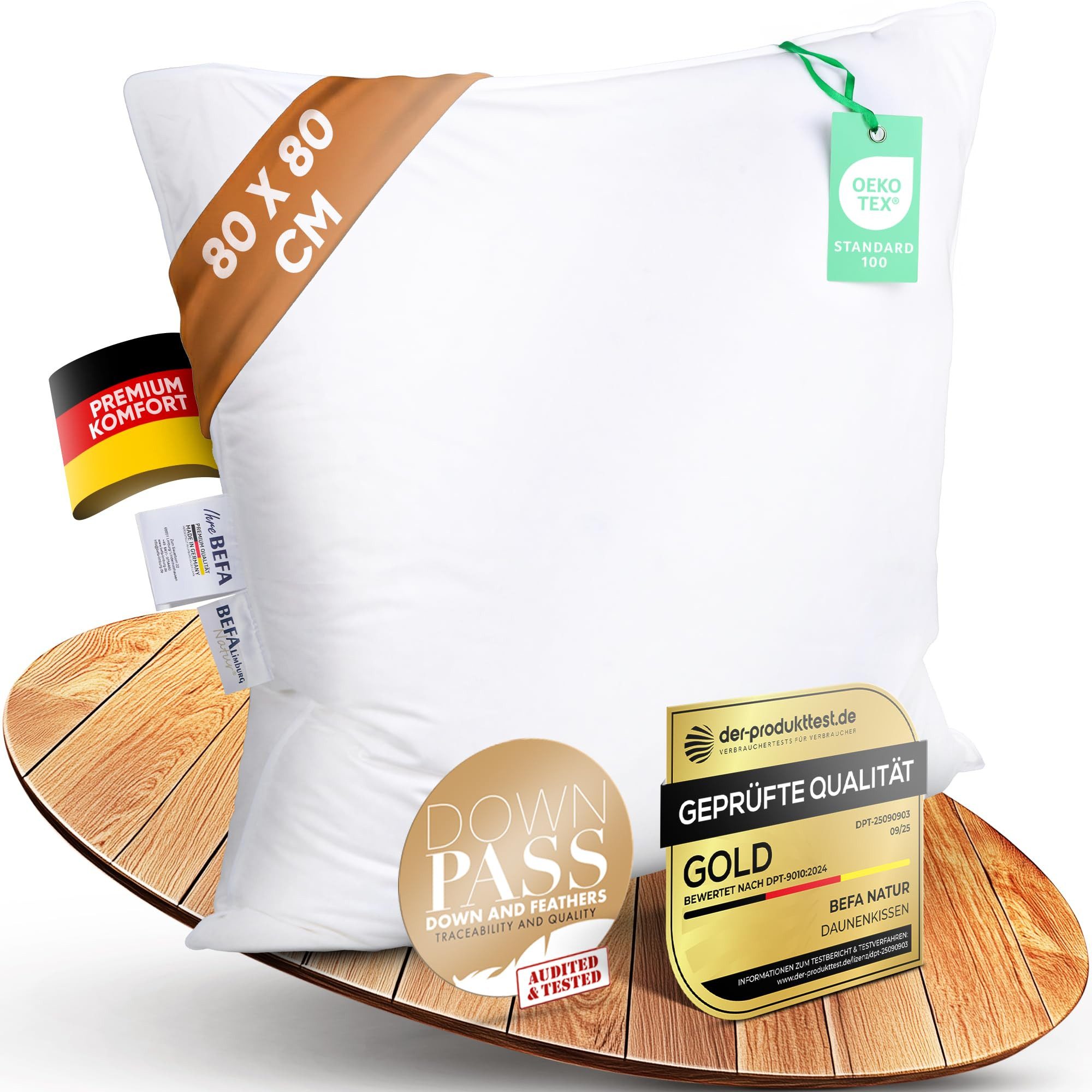 BEFA NATUR 3-Kammer-Kopfkissen TRÄUM SÜß - 3-Kammer-Kopfkissen Premium-Daunenkomfort, Füllung: Außen: 90% Daunen, 10% Federn - Innen: 100% Federn, Bezug: Baumwolle, Seitenschläfer, Rückenschläfer, Bauchschläfer, Spar-Set, Kopfkissen 1 tlg., Himmlisch weiche Premium-Daune für erholsamen Schlaf, Made in Germany
