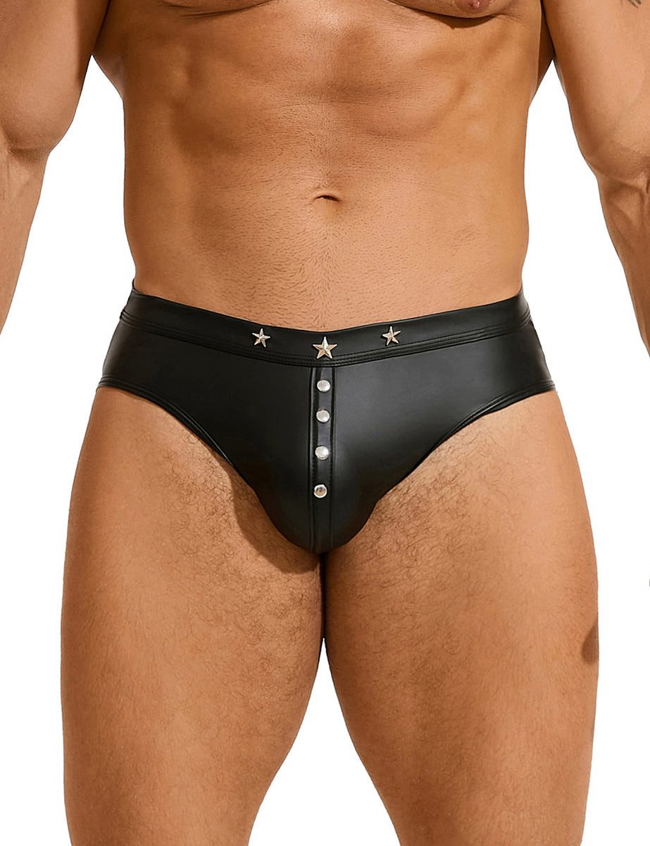 Lau-Fashion Slip Herren Nieten Wetlook Lack Leder Männer Schwarz Unterwäsche M/L/XL