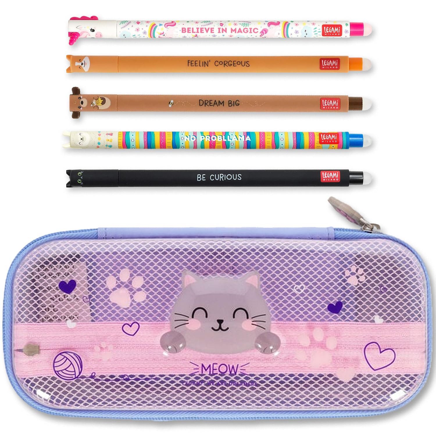 Legami Federmäppchen Federmäppchen mit 2 Fächern und radierbarem Stift-Set, 5 Stück, Niedliche Tierstifte mit thermosensitiver Tinte