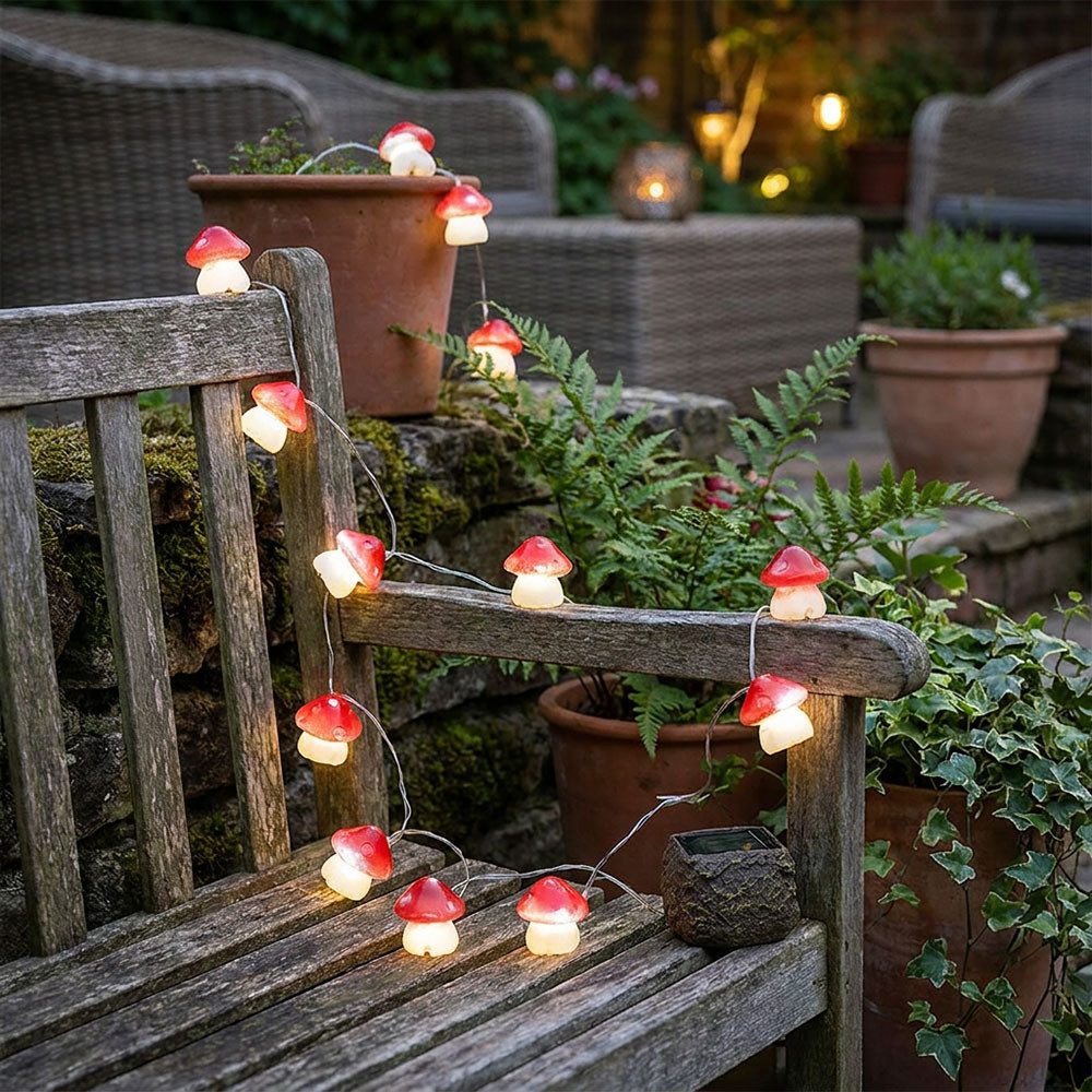 etc-shop LED Solarleuchte, LED-Leuchtmittel fest verbaut, Solar Lichterketten Außen Dekolampen Gartendeko 12x LED Fliegenpilze