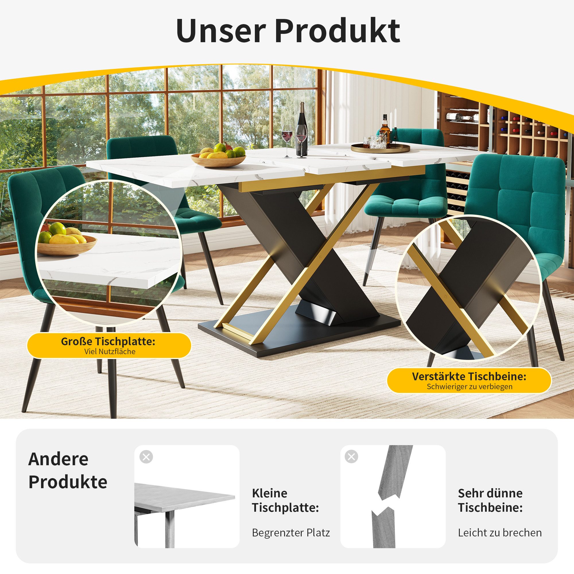 Celya Esstisch Teleskoptisch,Esstisch Ausziehtisch MDF Tischplatte Mit Marmormustern (Doppelnutzung für Heim & Büro), Küchen-Wohnzimmertisch mit goldenen Kreuzbeinen 120-160×80cm