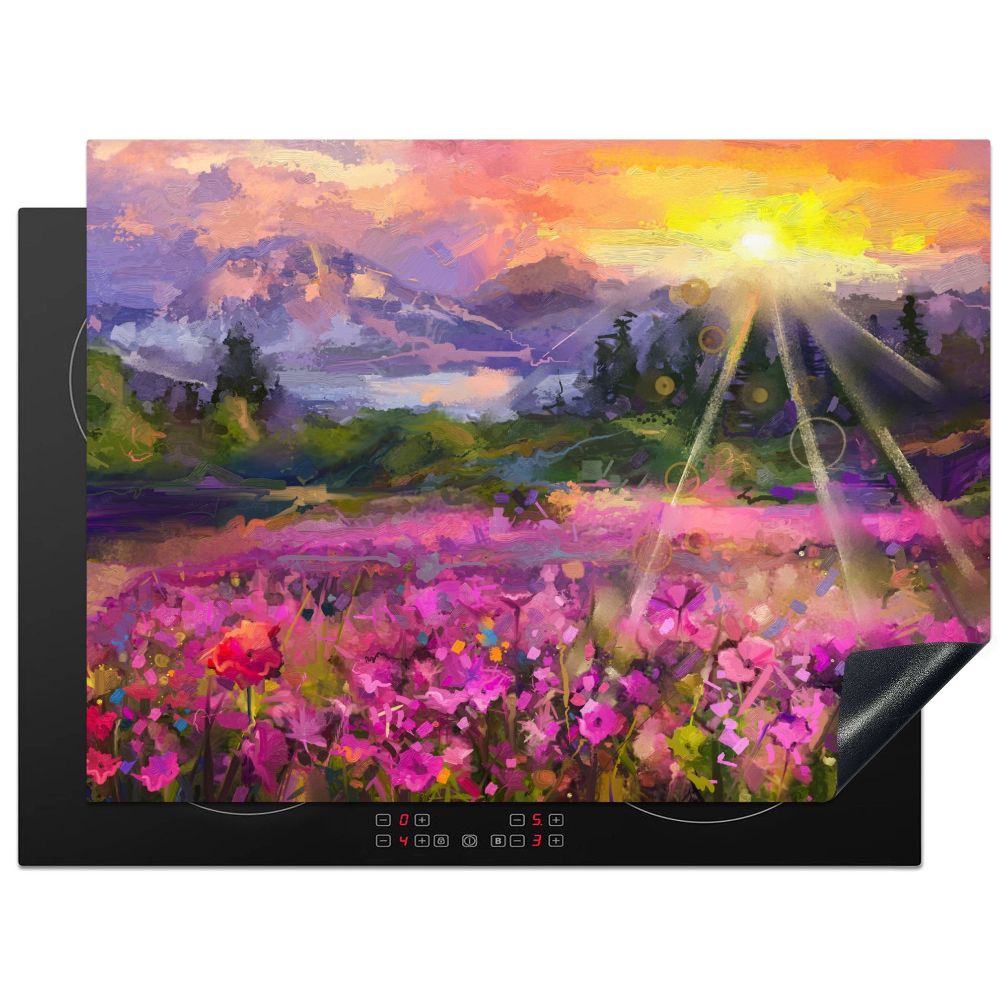 MuchoWow Herdblende-/Abdeckplatte Gemälde - Ölfarbe - Blumen - Natur - Sonne, Vinyl, (1 tlg), 70x52 cm, Mobile Arbeitsfläche nutzbar, Ceranfeldabdeckung