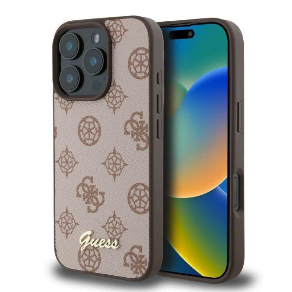 Guess Handyhülle iPhone 16 Pro Kunstleder rosa braun Logo goldfarben MagSafe kompatibel 6,3 Zoll, Kantenschutz