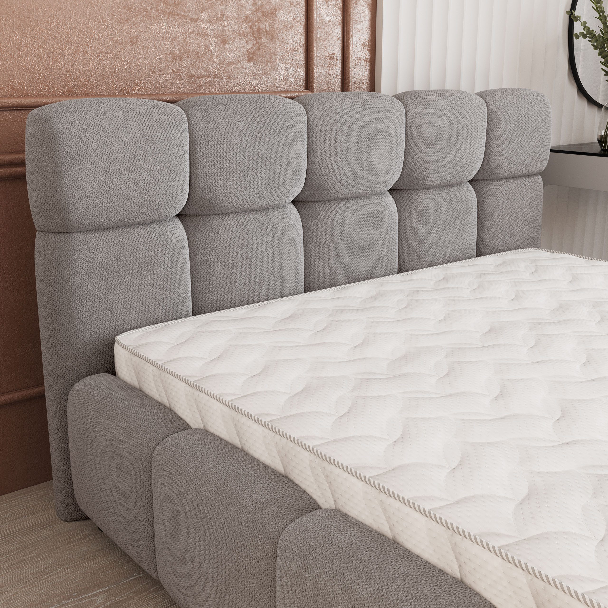 Masseno Polsterbett FARU 180x200 cm grau (mit Bettkasten und Lattenrost)