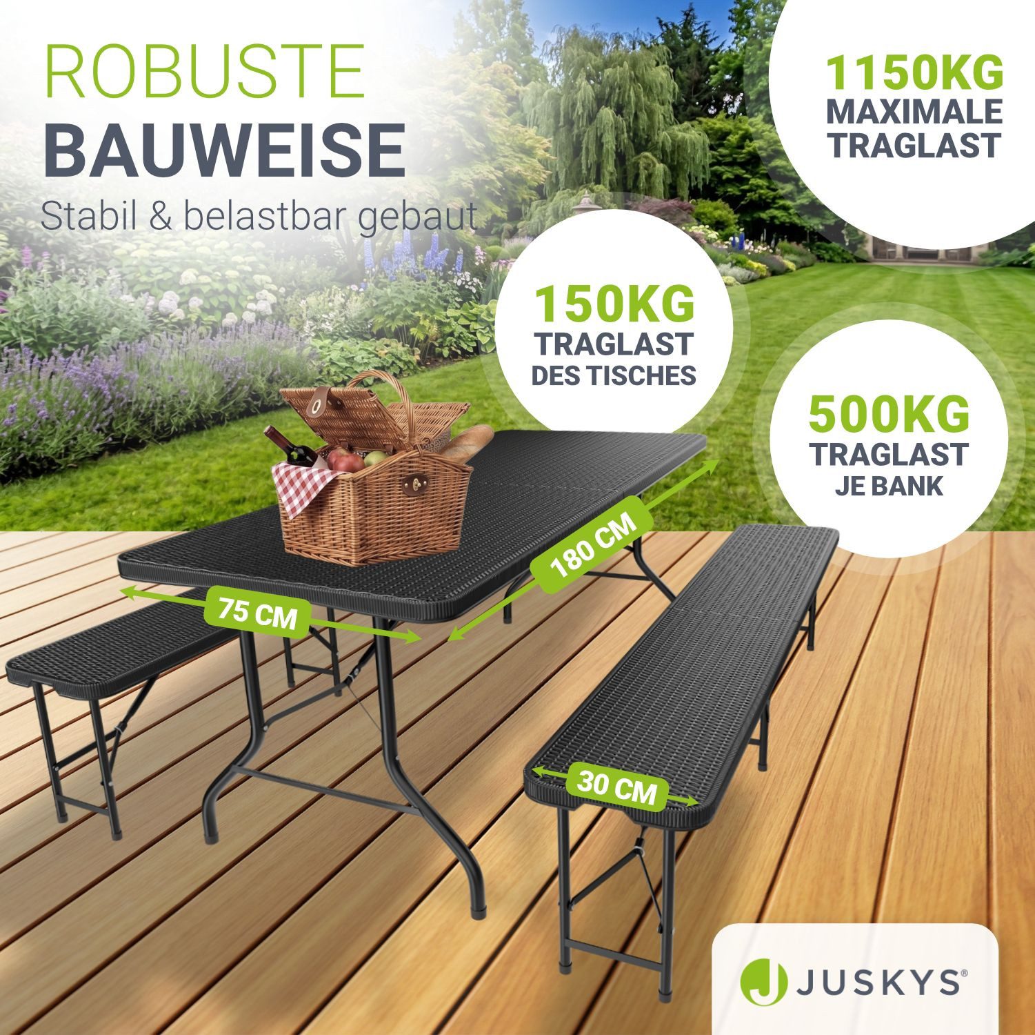 Juskys Bierzeltgarnitur Amberg, (3-tlg), wetterfest, zusammenklappbar, schnell auf und abbaubar