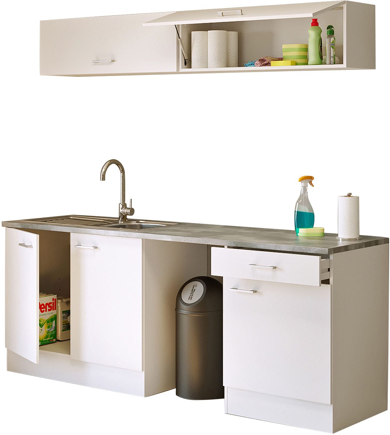 Flex-Well Küchenzeile LUCCA, 6-teilig, Hauswirtschaftsraum, Hobbyraum, Küche, Breite 210 cm, (Set), Kombination aus 4 Möbelteilen inkl. Arbeitsplatte und Einbauspüle