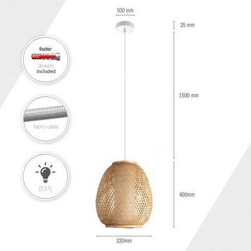 Paco Home Pendelleuchte TOPU, ohne Leuchtmittel, Hängeleuchte Bambus Lampenschirm Korb Wohnzimmer Boho Rustikal E27
