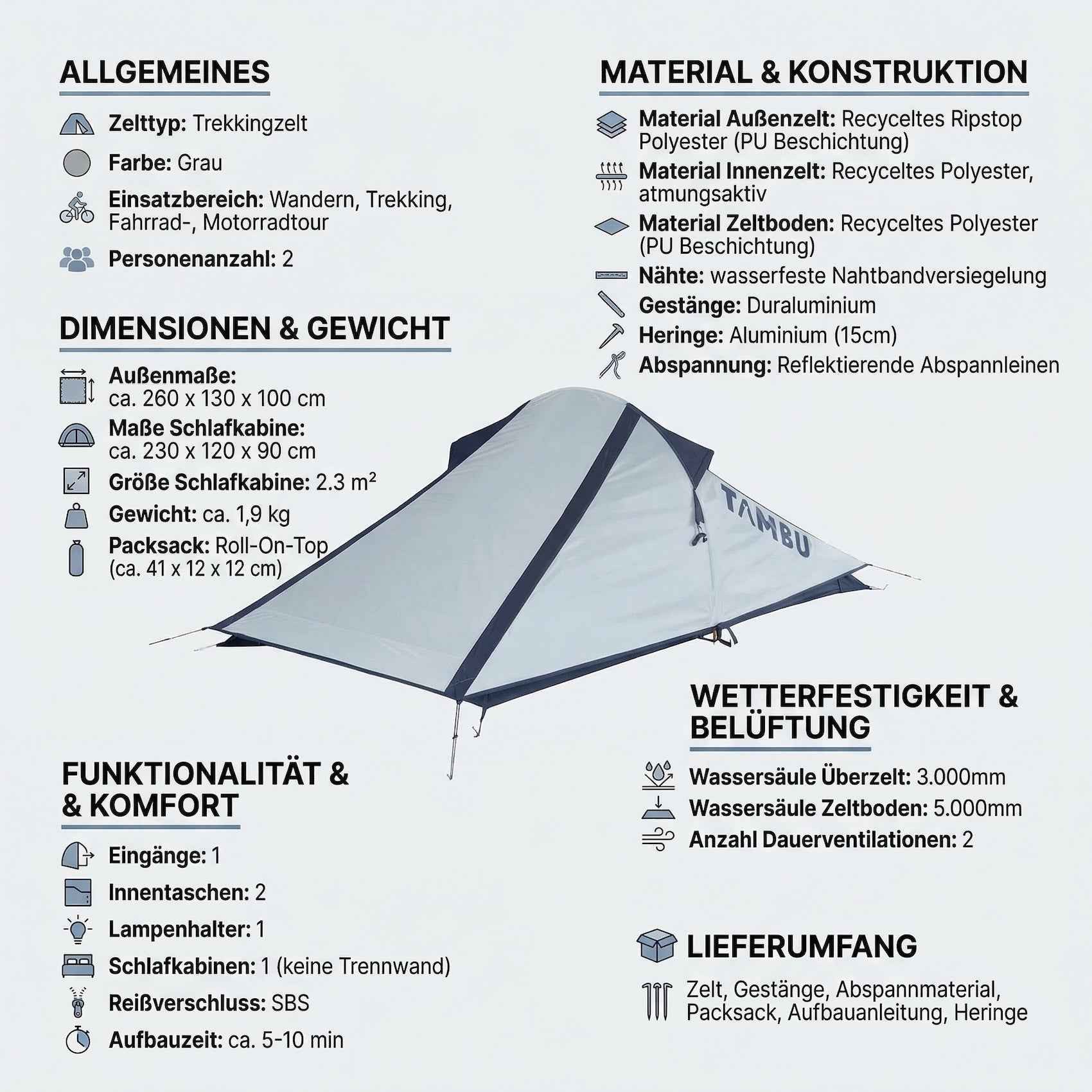 Tambu Bikerzelt 2 Personen Biker Zelt 1,9 KG 3000mm Wassersäule Packmaß 41 x 12 cm, Personen: 2