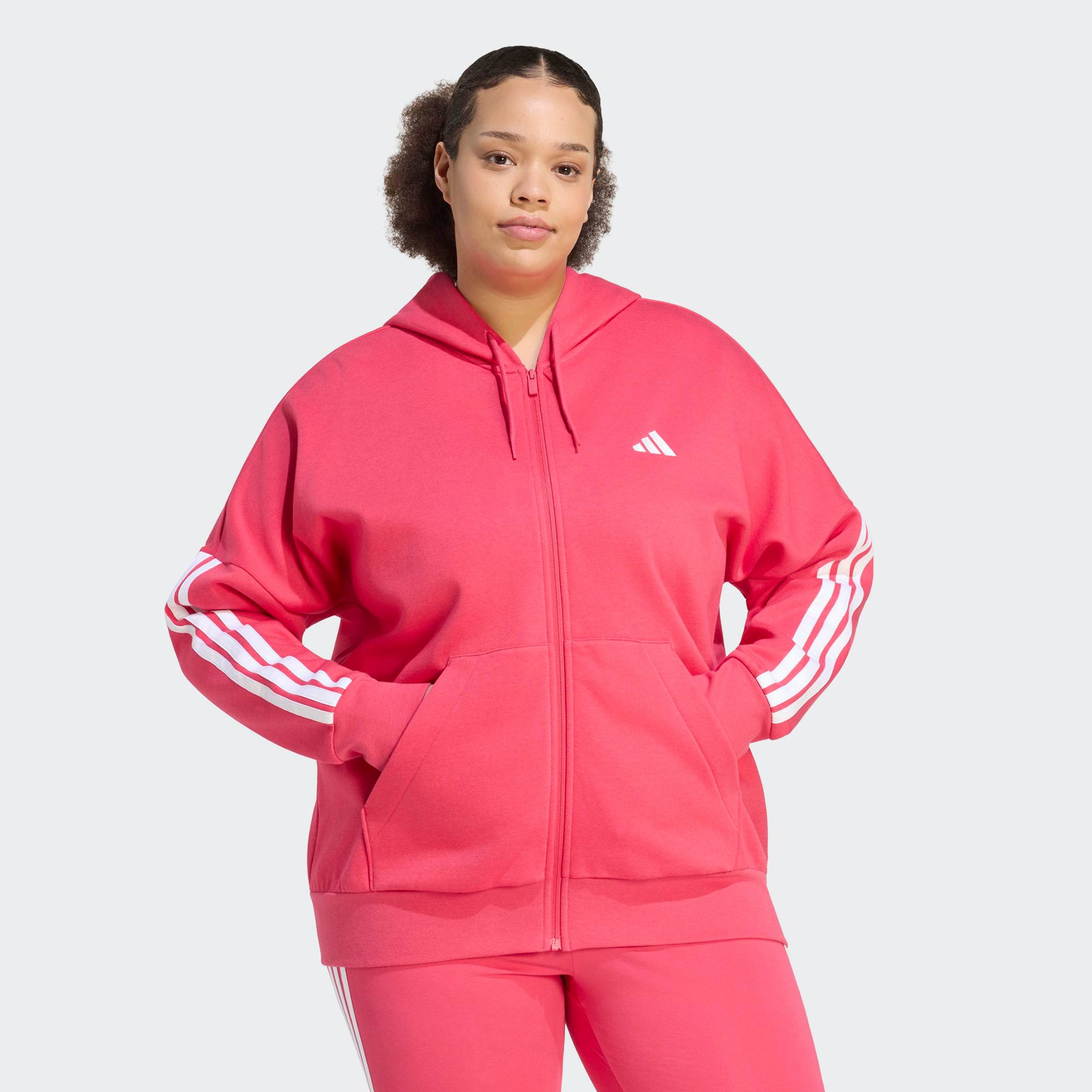 adidas Sportswear Kapuzensweatjacke ESSENTIALS 3-STREIFEN FULL-ZIP FLEECE (GROSSE GRÖSSEN) mit Kapuze, in normaler Länge