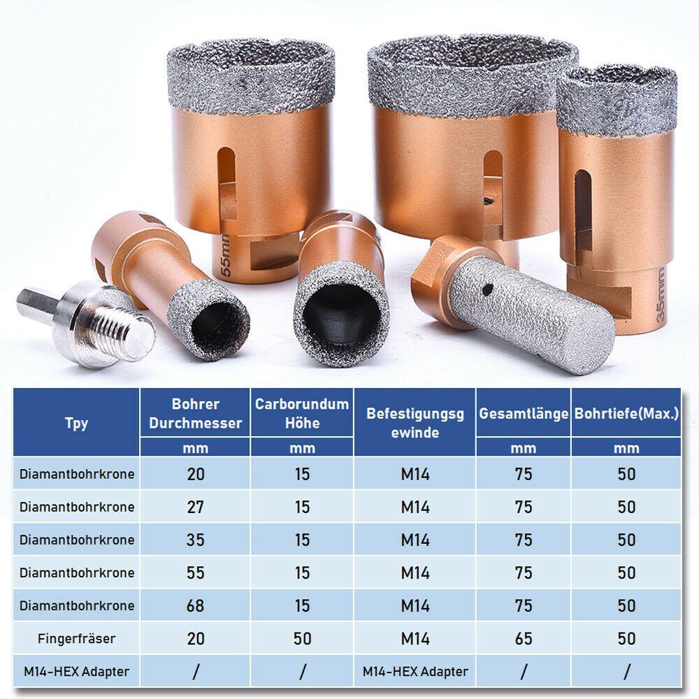 Adapter mit XERSEK 7-tlg., Diamantbohrer Ø Fingerfräser Lochsäge Aluminiumbox, Fliesenbohrer, + 20/27/35/55/68mm 1 Satz Winkelschleifer M14-HEX Hohlbohrkrone M14