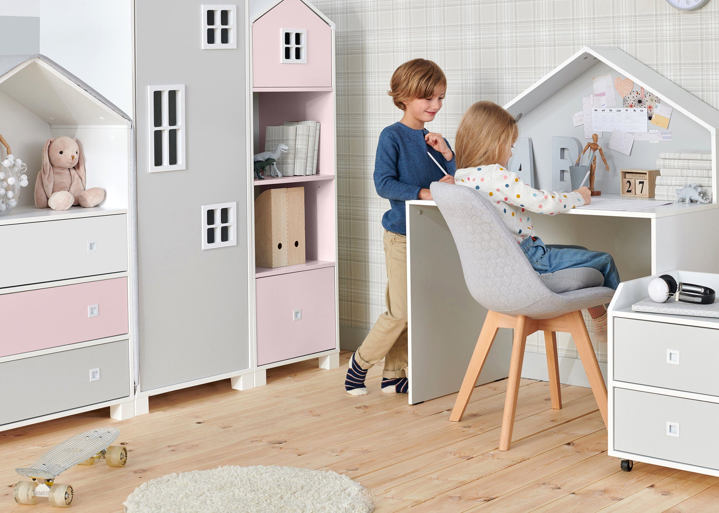 / Komplett-Kinderzimmer, Babyzimmer-Komplettset rosa grau / Kommode, Bücherregal, 2x Kleiderschrank, Rollcontainer Konsimo Kinderzimmer-Möbelset weiß MIRUM (6-St), Schreibtisch,