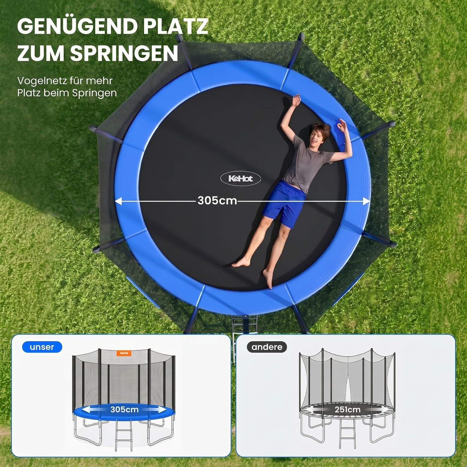 kehot Gartentrampolin Outdoor Kindertrampolin mit Sicherheitsnetz und hoher Stabilität, Ø 305 cm, Belastbar bis 150 kg für Spiel, Bewegung und Familienzeit