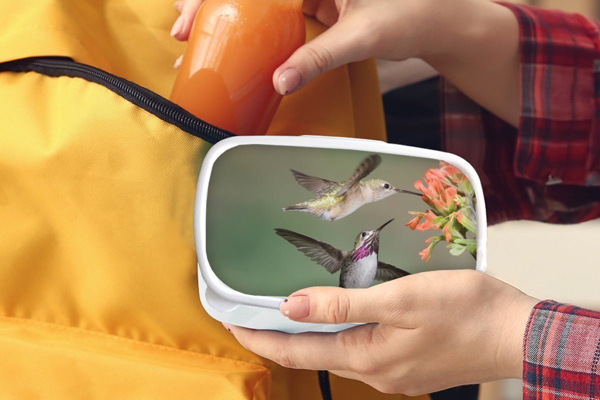 Erwachsene, Kinder Lunchbox Brotbox - MuchoWow weiß und für - Brotdose, Mädchen und Blume, Jungs Kolibri für Vogel (2-tlg), Kunststoff,