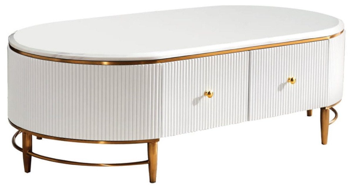 Casa Padrino Couchtisch Luxus Couchtisch Weiß / Messingfarben / Gold 130 x 70 x H. 42 cm - Moderner Wohnzimmertisch mit 4 Schubladen - Moderne Möbel