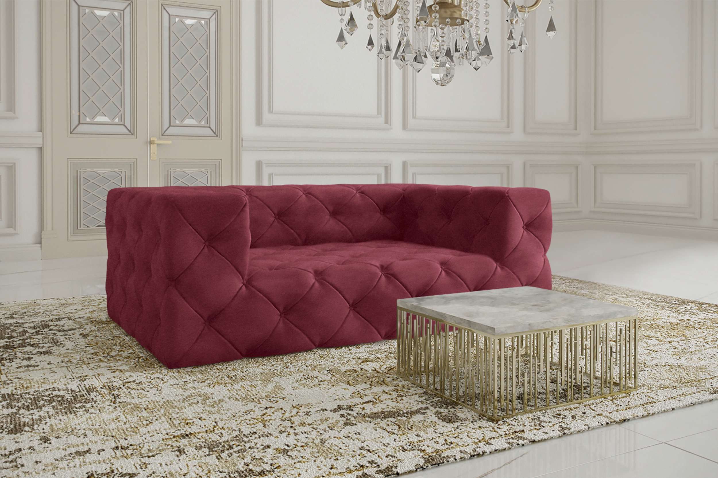99rooms 3-Sitzer Colin, Sofa, 2-Sitzer Sofa, mit Rundumbezug, klassische Knopfheftung, schwarze Kunststofffüße