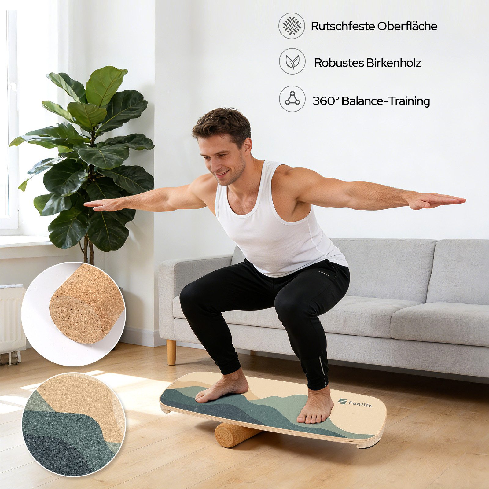 FunLife Balanceboard ALPIN & WAVE Design-Edition, Premium-Birkenholz, mit Naturkorkrolle, bis 150 kg