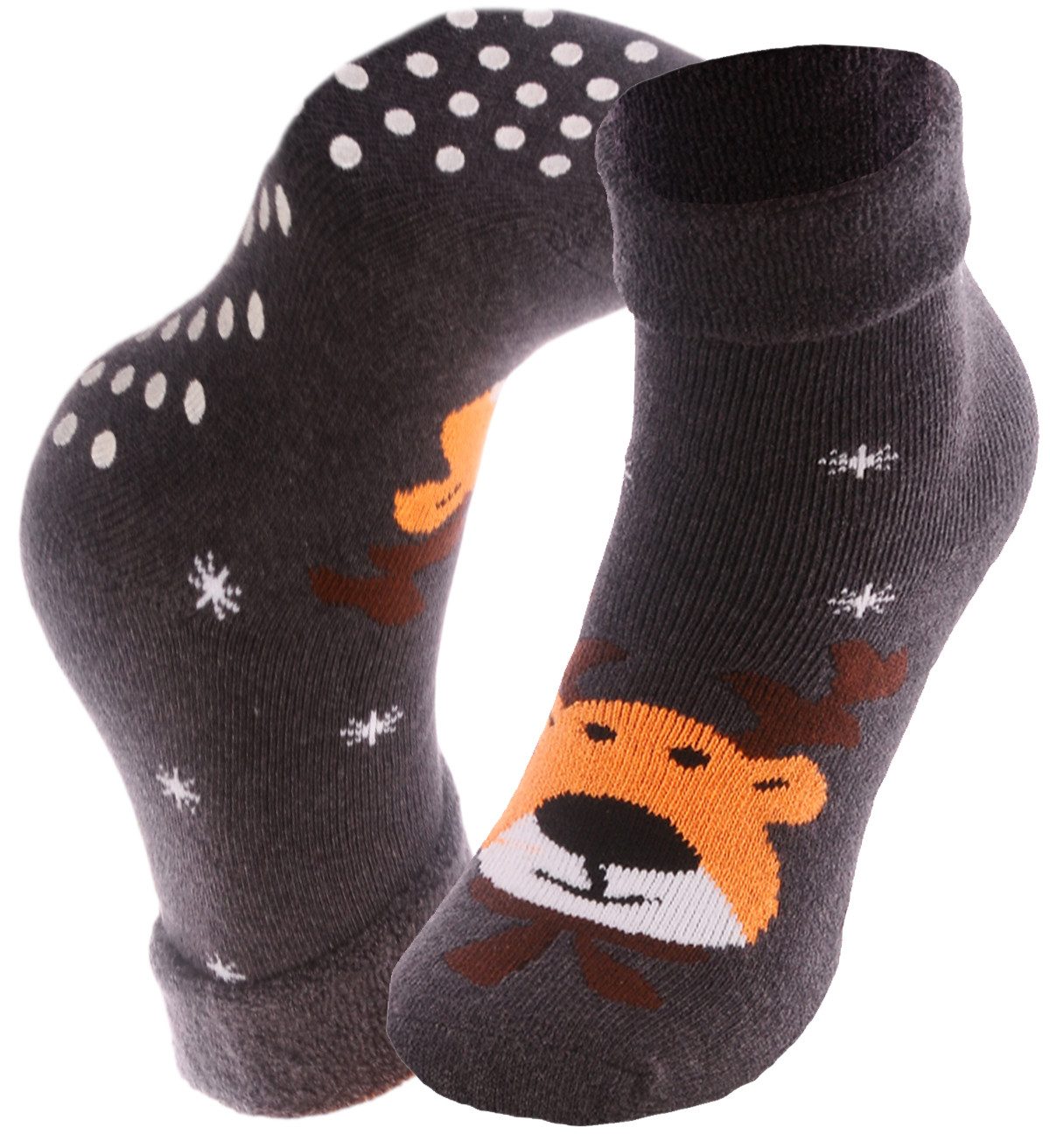 Martinex Термоноски Socken Weihnachten Weihnachtssocken Antirutschsocken in Grau warm, weich, getoppt, mit Rentier, 33 34 35 36 37 38 39