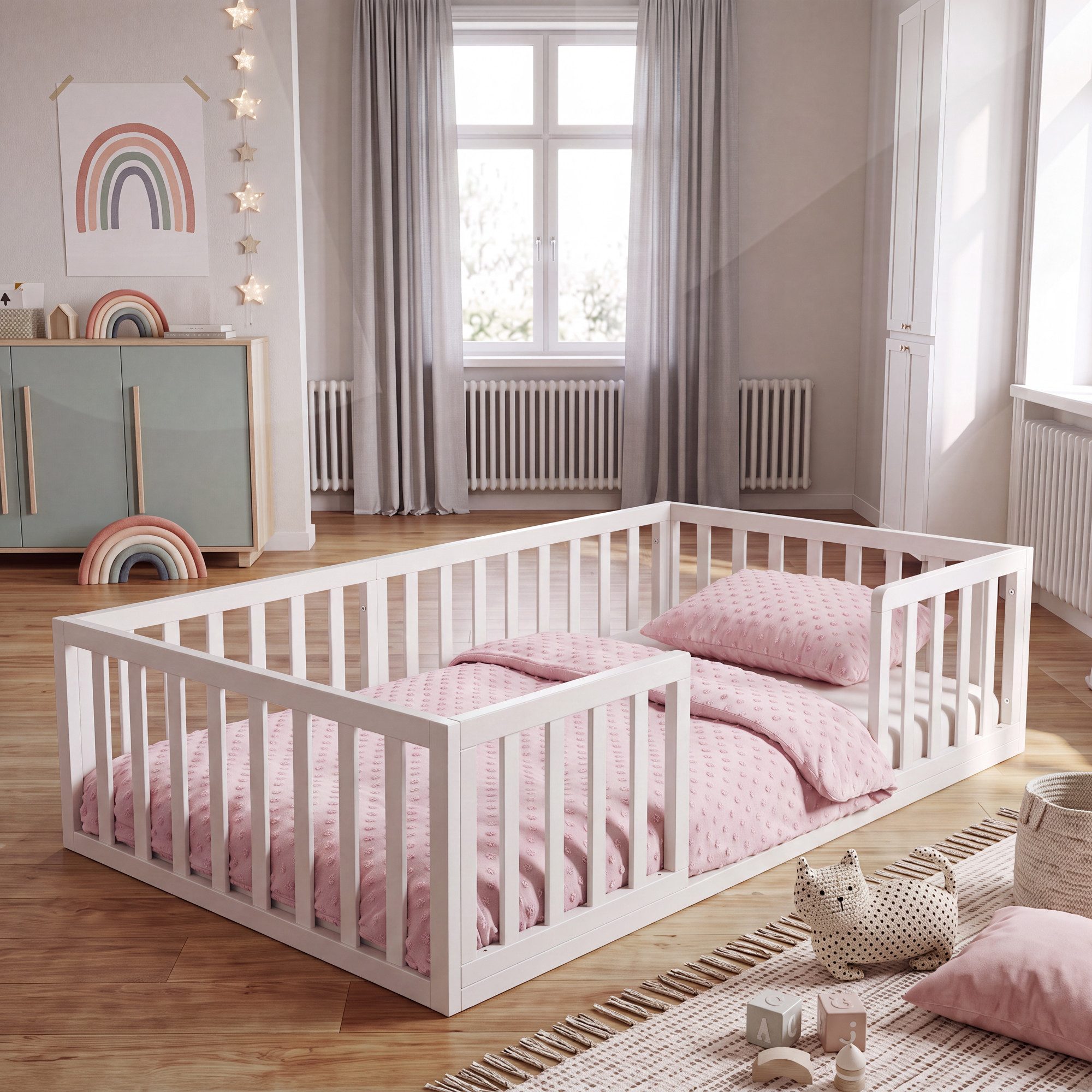 roba® Kinderbett - Bodenbett aus stabilem Holz - Montessori - Kinder & Kleinkinder (Liegefläche: 70 x 140 cm, 90 x 200 cm, 120 x 200 cm, 140 x 200 cm, Spielbett - Inklusive Lattenrost & Rausfallschutz), Bodennahes Schlafkonzept für Kleinkinder