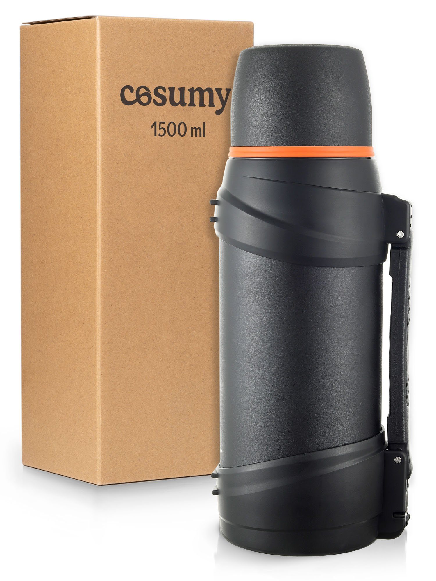 Thermobecher Thermosflasche 1,5l mit Becher für Unterwegs Schwarz